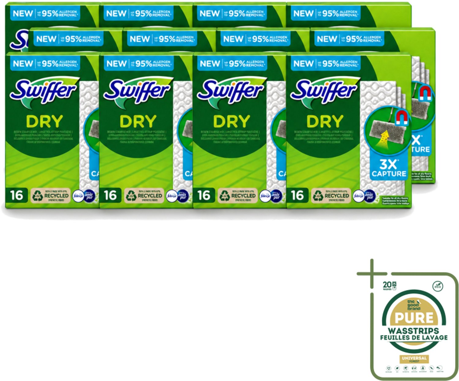12 x Swiffer – Vloerdoekjes – Dry Navullingen – 16 doekjes - Wasstrips - Vloerreiniger - Droge Doekjes - Stofzuiger - Haren Verwijderen - Vloer Reinigen
