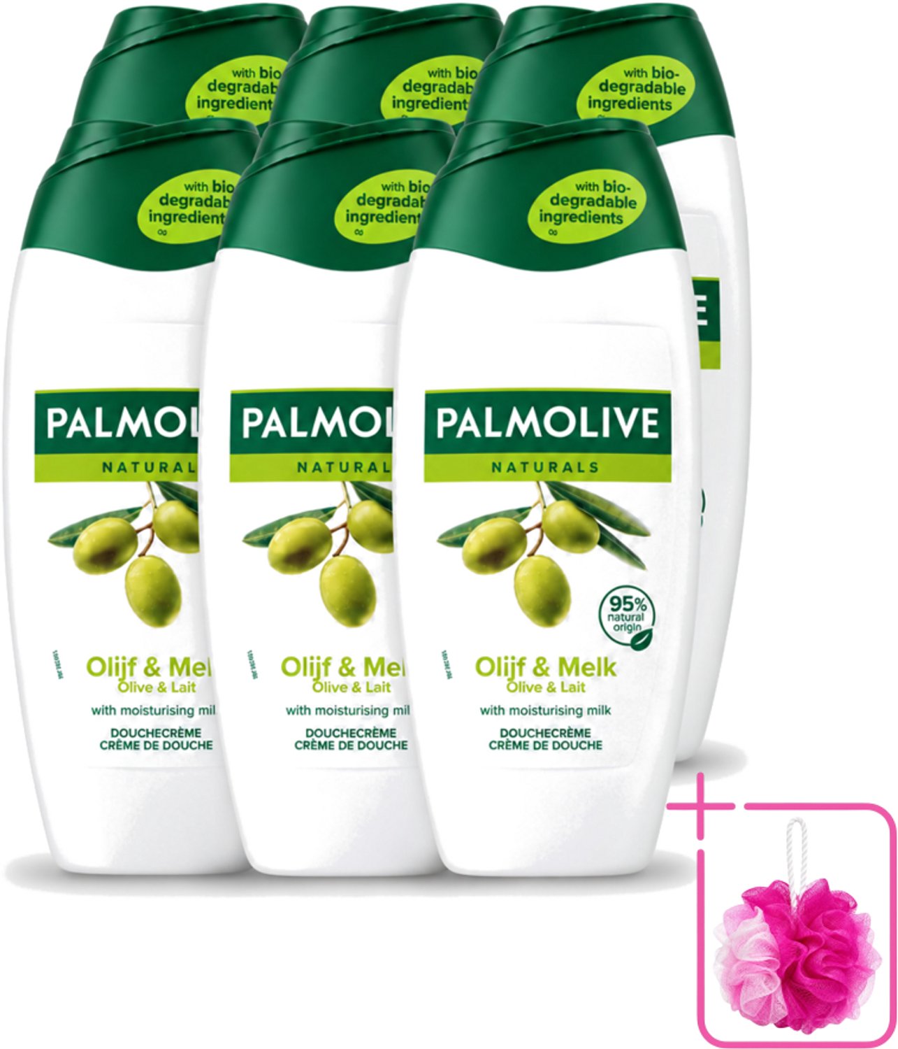 6 x Palmolive - Naturals - Douchecréme - Olijf & Melk - Natuurlijke ingrediënten - 250 ml - Bulkverpakking - Douchecrème - Douchemop - Olijf en melk