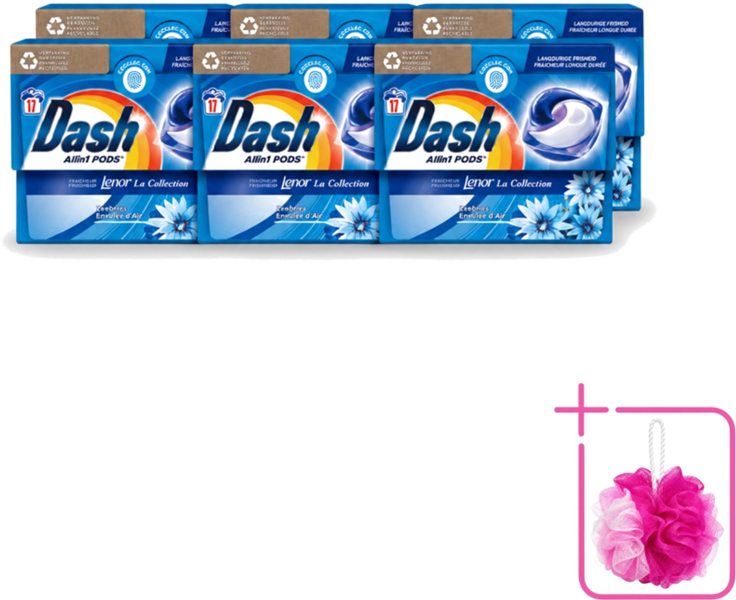 6 x Dash - Lenor Collectie - Wasmiddel Capsules - All-in-1 Pods - Witte en Gekleurde Was - Zeebries - 17 Wasbeurten - Bulkverpakking - Wasmiddel capsules - Douchemop - Zeebries geur