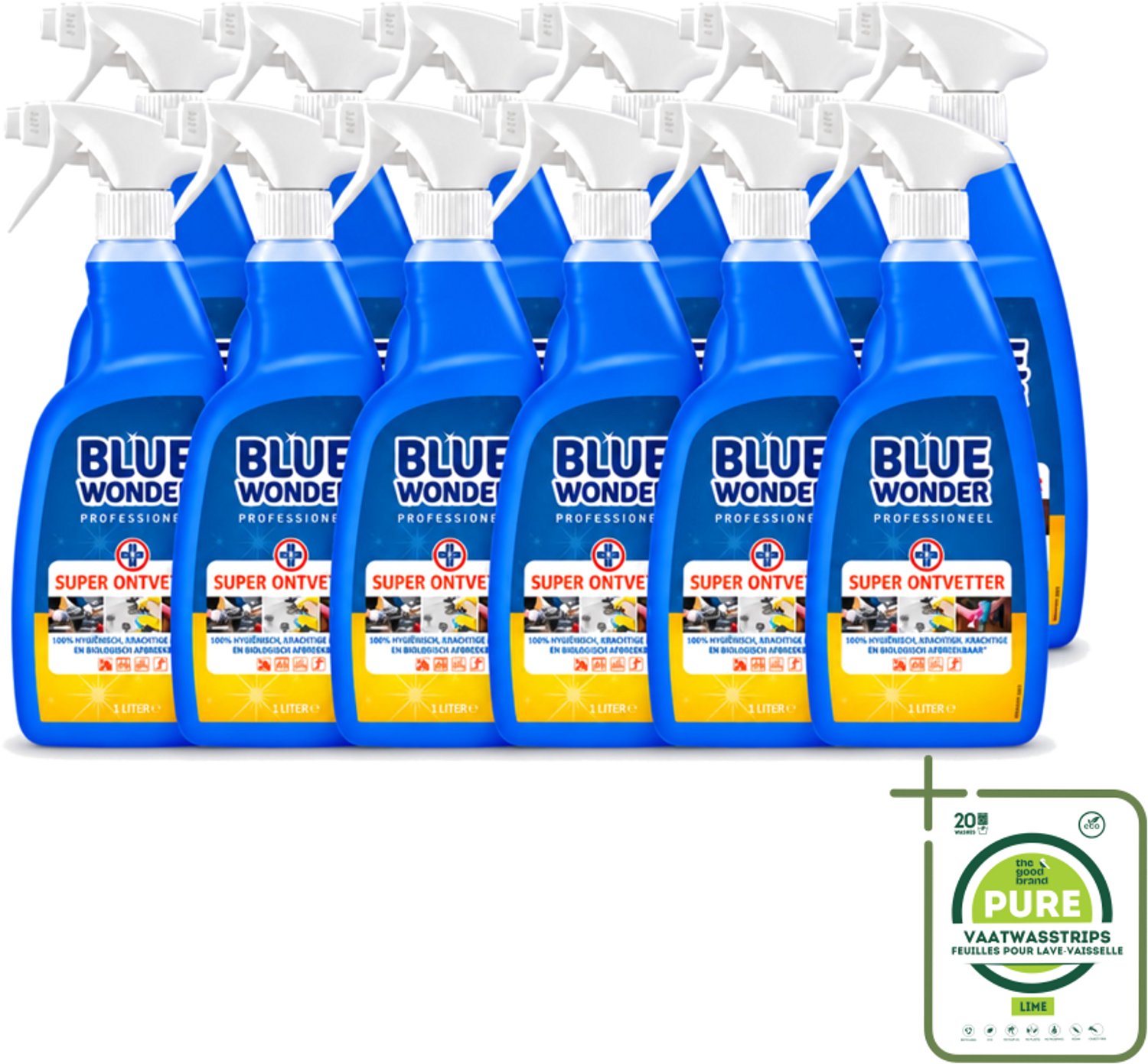 12 x Blue Wonder - Professioneel Superontvetter - Spray - Krachtige Ontvetter - 1 Liter - Grootverpakking - Ontvettingsmiddel - Superontvetter - Keuken Reinigen - Badkamer Reinigen - Vet Verwijderen