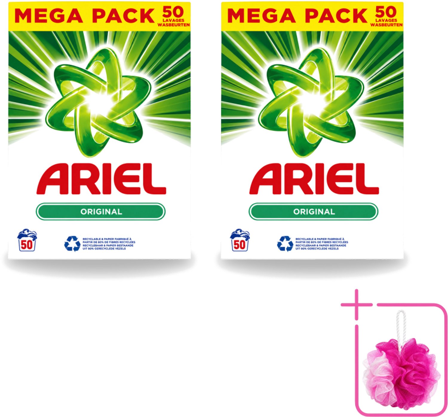 2 x Ariel Original - Waspoeder - Witte en Lichtgekleurde Was - 50 Wasbeurten - Bulkverpakking - Waspoeder - Douchemop - Reiniging