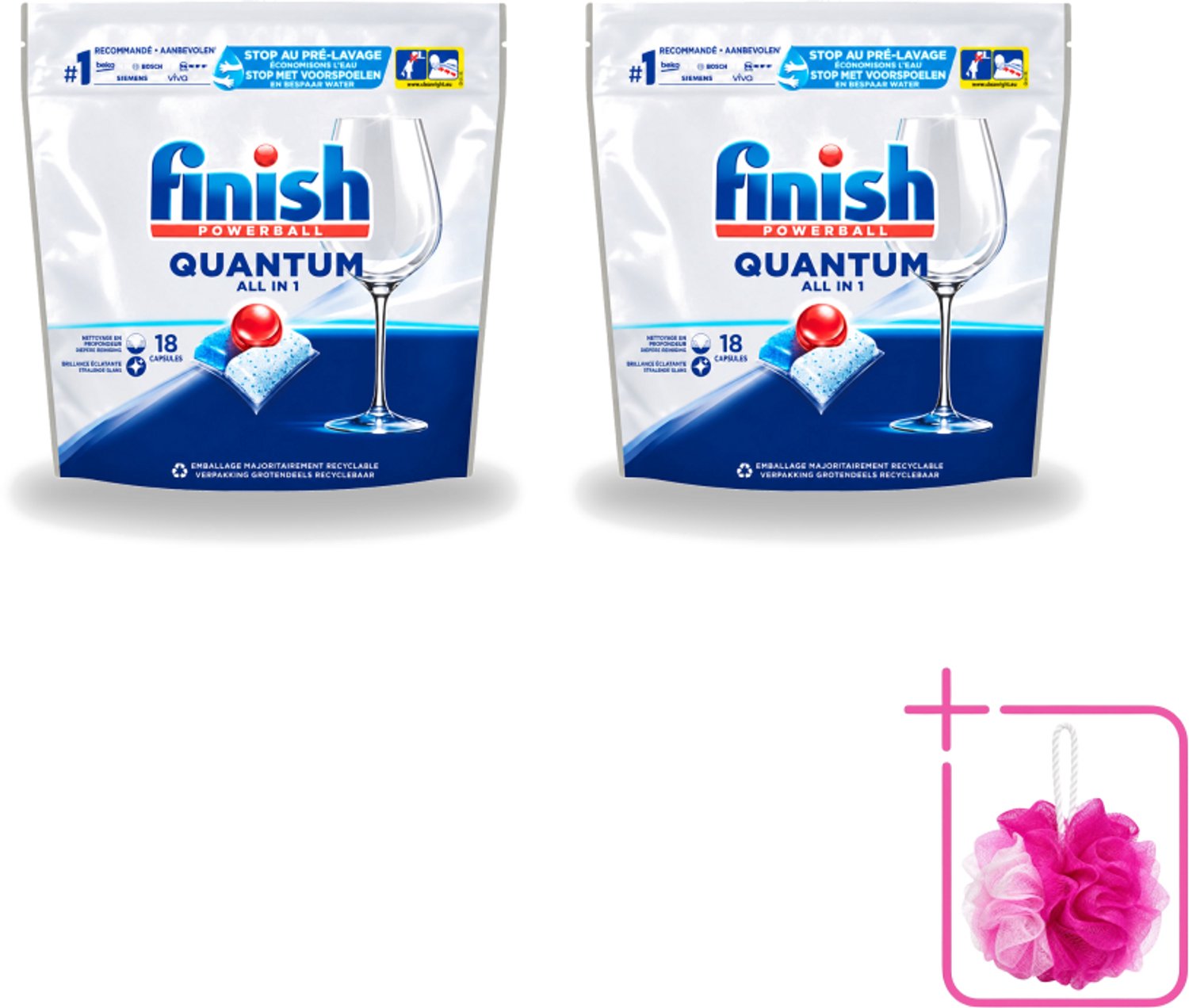 2 x Finish Powerball - Quantum All in 1 - Vaatwastabletten - Stralende Glans - 18 Tabletten - Bulkverpakking - Vaatwasmiddel - Douchemop - Vaatwastablet