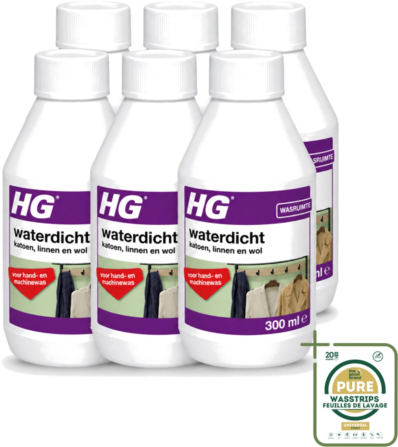 6 x HG - Wasruimte - Waterdicht Katoen, Linnen & Wol - Voor Hand & Machine Was - 300 ml - Wasstrips - Waterdicht Textiel - Vuilafstotend Textiel - Katoen Waterdicht - Linnen Waterdicht - Wol Waterdicht