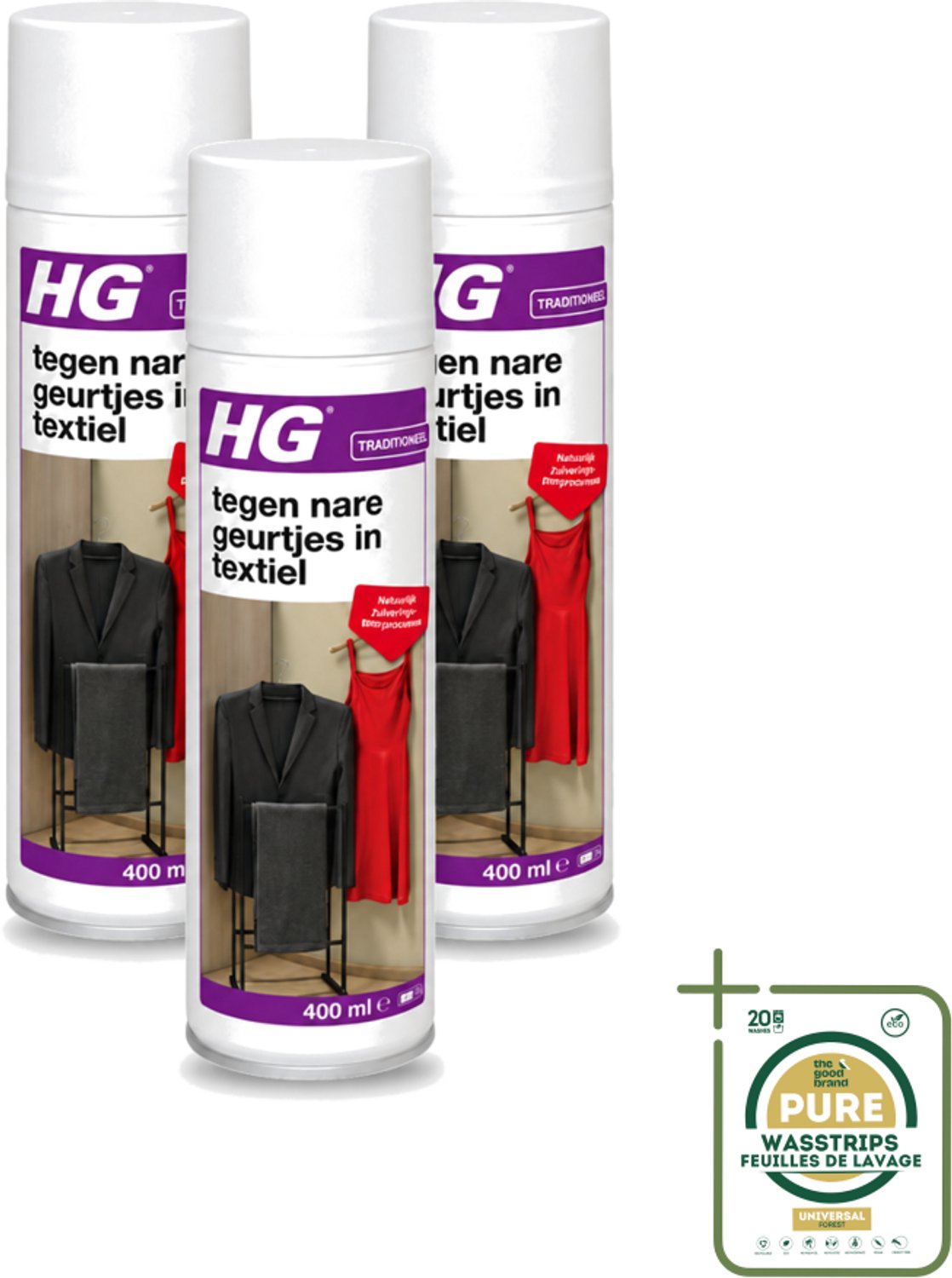 3 x HG - Tegen Nare Geurtjes In Textiel - Natuurlijk Zuiveringsproces - Veilig Voor Alle Textiel - 400 ml - Wasstrips - Geurverwijdering Textiel - Stankmoleculen Oplossen - Textiel Reinigen - Geur In Kleding - Geur In Gordijnen
