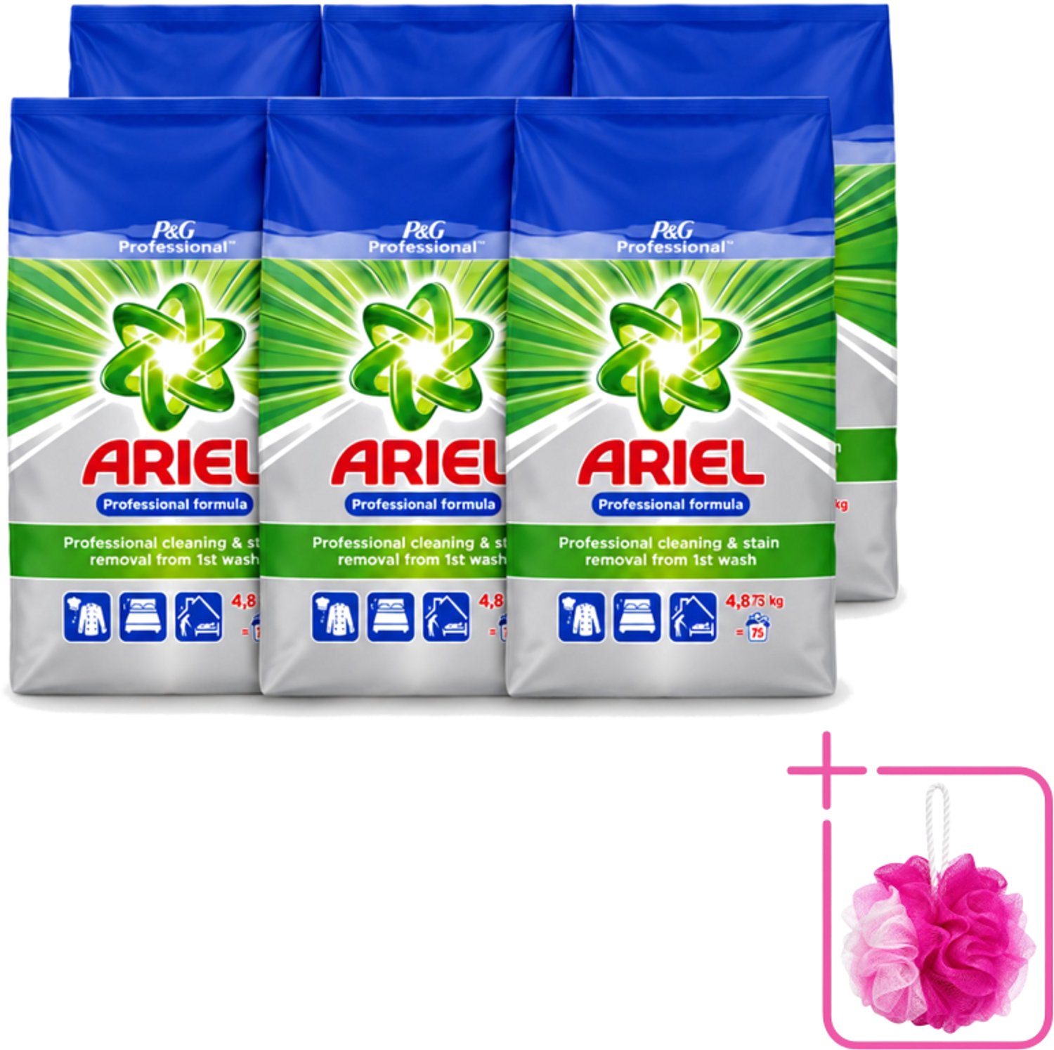 6 x Ariel – Waspoeder Professional – Original – 4,8 kg – 75 wasbeurten - Bulkverpakking - Ariel Professional Waspoeder - Douchemop - 4.8 kg Waspoeder