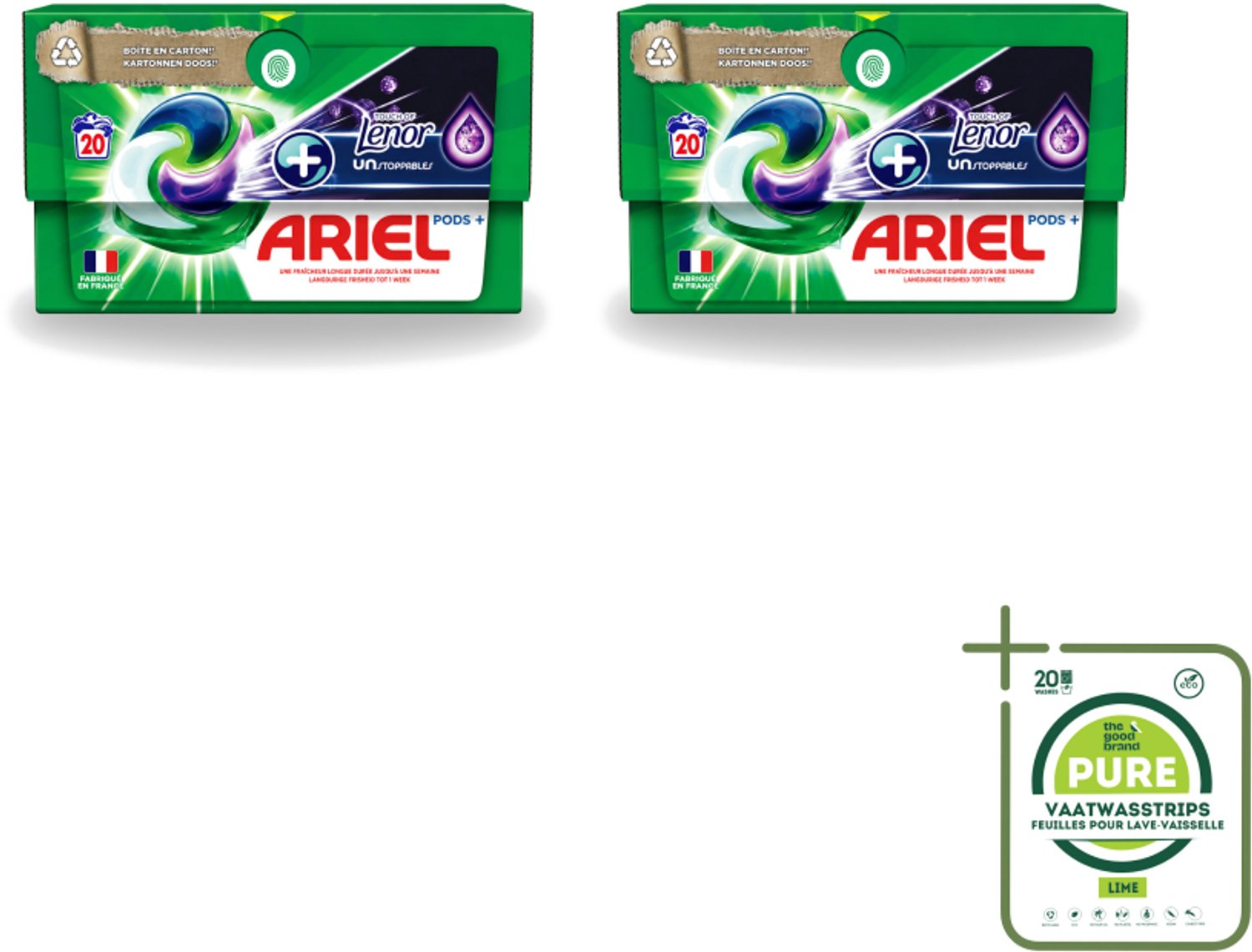 2 x Ariel Original - Touch of Lenor Unstoppables - Wasmiddelcapsules - Pods+ - Witte en Gekleurde Was - 20 Wasbeurten - Grootverpakking - Vaatwasstrips - Wasmiddelcapsules - Reiniging - Vlekken Verwijderen - Frisheid - Koud Was