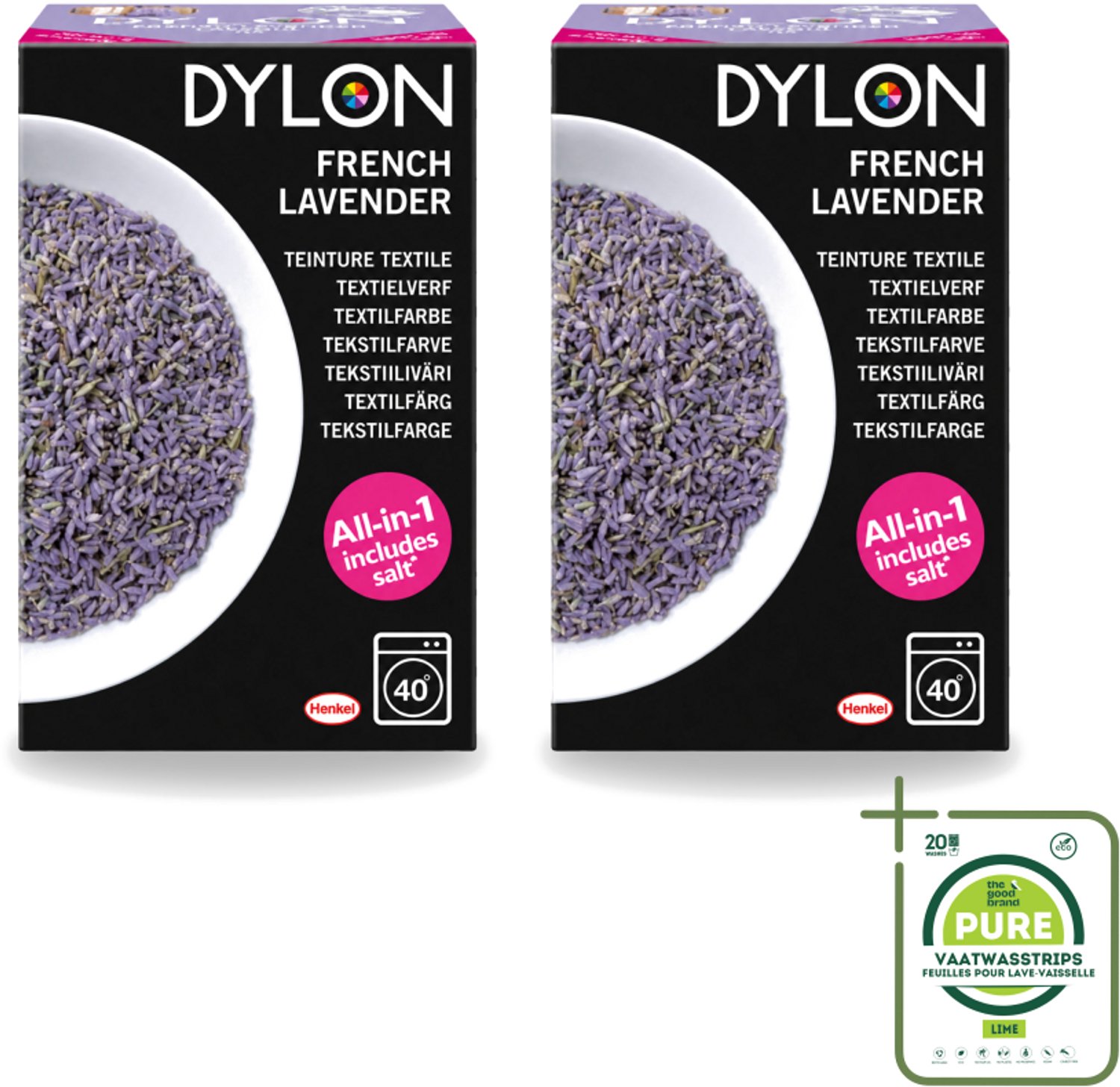 2 x Dylon - Textielverf - French Lavender - All-in-One - Inclusief Zout - 350g - Grootverpakking - Vaatwasstrips - Textielverf - Lavendelkleur - French Lavender - Zout - Stofverf
