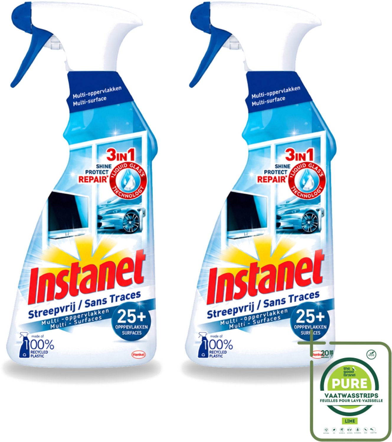 2 x Instanet - Schoonmaakspray - Streepvrij - 3 in 1 - Multi-Oppervlakken - 725 ml - Grootverpakking - Schoonmaak Spray - Glas Reinigen - Streepvrije Reiniger - Tv Scherm Reinigen - Spiegel Reinigen