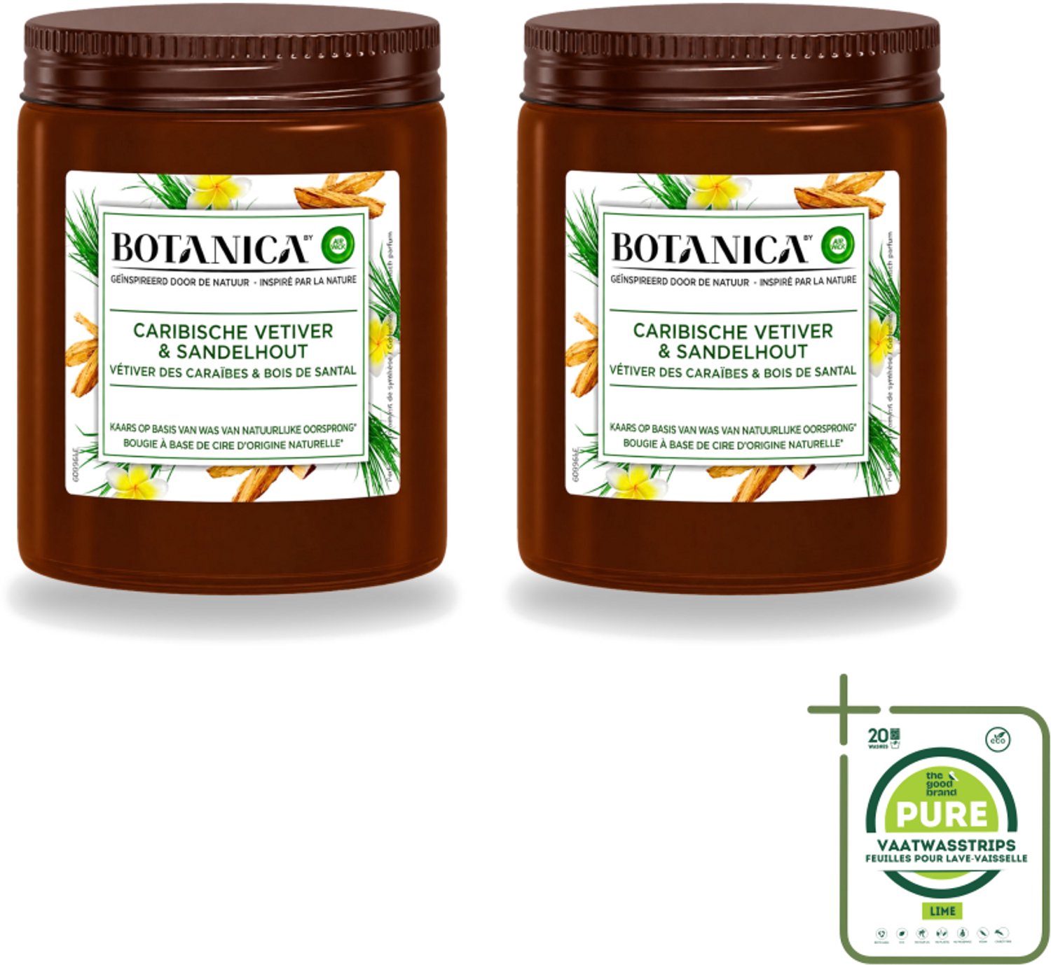 Air Wick 2 x Botanica by Air Wick - Geurkaars - Vetiver & Sandelhout - 40 Uur Brandduur - Grootverpakking - Vaatwasstrips - Geurkaars Vetiver Sandelhout - Vetiver Geur - Sandelhout Geur - Geurkaars 40 Uur - Botanica Geurkaars Bruin