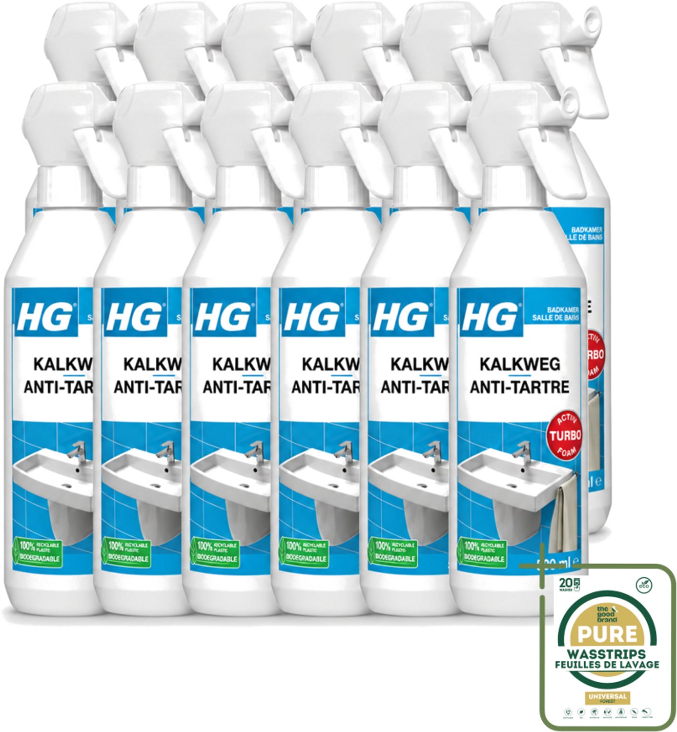 12 x HG - Badkamer - Kalkweg Schuimspray - Verwijdert Kalk Snel - 500 ml - Wasstrips - Kalk Verwijderen - Kalkaanslag Verwijderen - Schuimspray Badkamer - Kalk Weg - Badkamer Reinigen