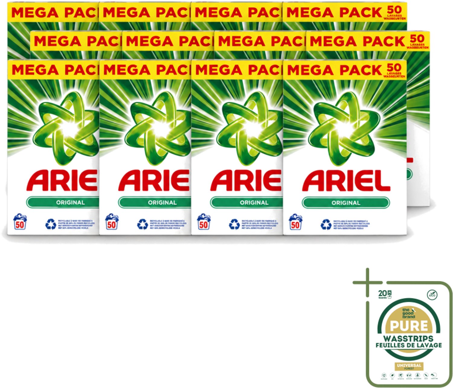12 x Ariel Original - Waspoeder - Witte en Lichtgekleurde Was - 50 Wasbeurten - Wasstrips - Waspoeder - Reiniging - Wasmachine - Energiebesparing - Milieuvriendelijk
