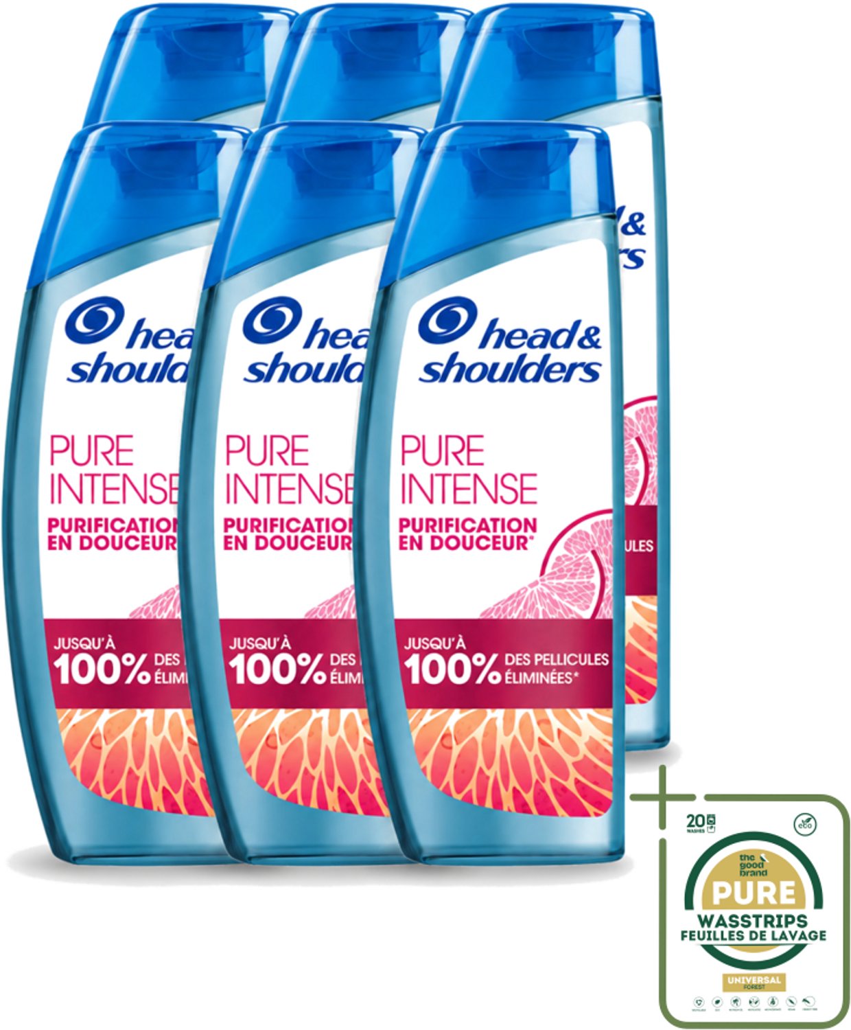 6 x Head & Shoulders - Anti-Roos Shampoo - Pure Intense - Grapefruit - 250 ml - Wasstrips - Anti-roos Shampoo - Vet Hoofd - Schone Hoofdhuid - Roosvrij Haar - Grapefruit Geur