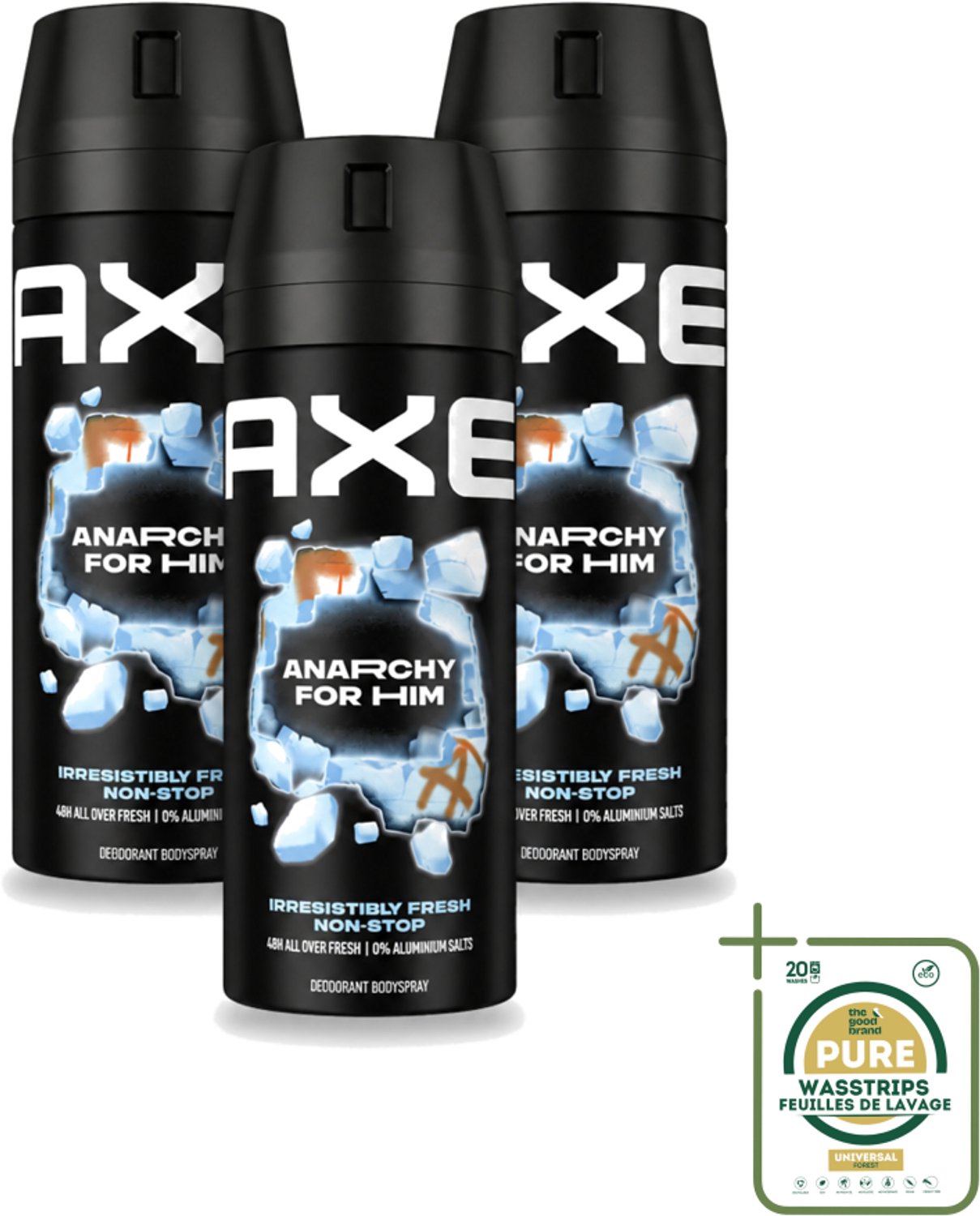 3 x Axe - Deodorant Bodyspray - 48hrs Fresh - Anarchy for Him - Dark Pomegranate & Sandalwood - 150 ml - Wasstrips - 48 Uur Frisheid - Deodorant Bodyspray - Geur Van Granaatappel - Geur Van Sandelhout - Zinktechnologie