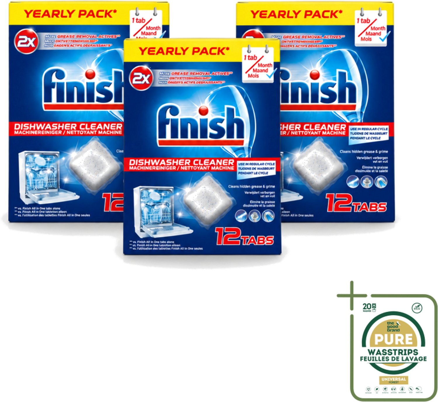 3 x Finish - Vaatwasmachinereiniger - Anti-Vet & Anti-Vuil - 12 Tabletten - Wasstrips - Vaatwasmachinereiniger - Vet En Vuil Verwijderen - Vaatwasmachine Reinigen - Vaatwasmachine Onderhoud - Vaatwasmachine Schoon Houden