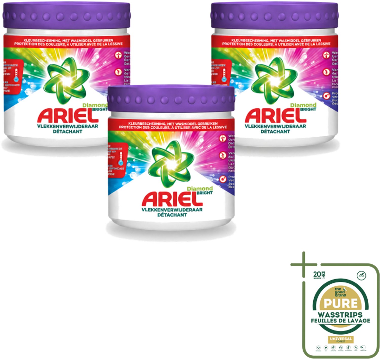 3 x Ariel Diamond Bright - Vlekverwijderaar Poeder - Gekleurde Was - 30 Wasbeurten - Wasstrips - Kleurbehandeling - Vlekverwijderaar - Wasmiddel - Vlekken - Wasbeurten