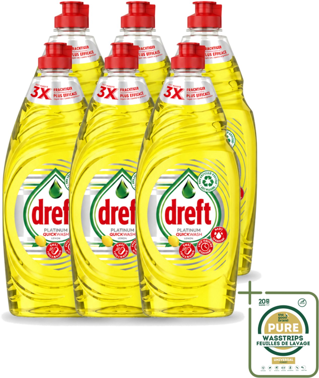 6 x Dreft Platinum Quickwash - Vloeibaar Afwasmiddel - Citroen- 625 ml - Snel Reinigen - Vaat Reinigen - Citroengeur - Vetresten Verwijderen - Afwasmiddel