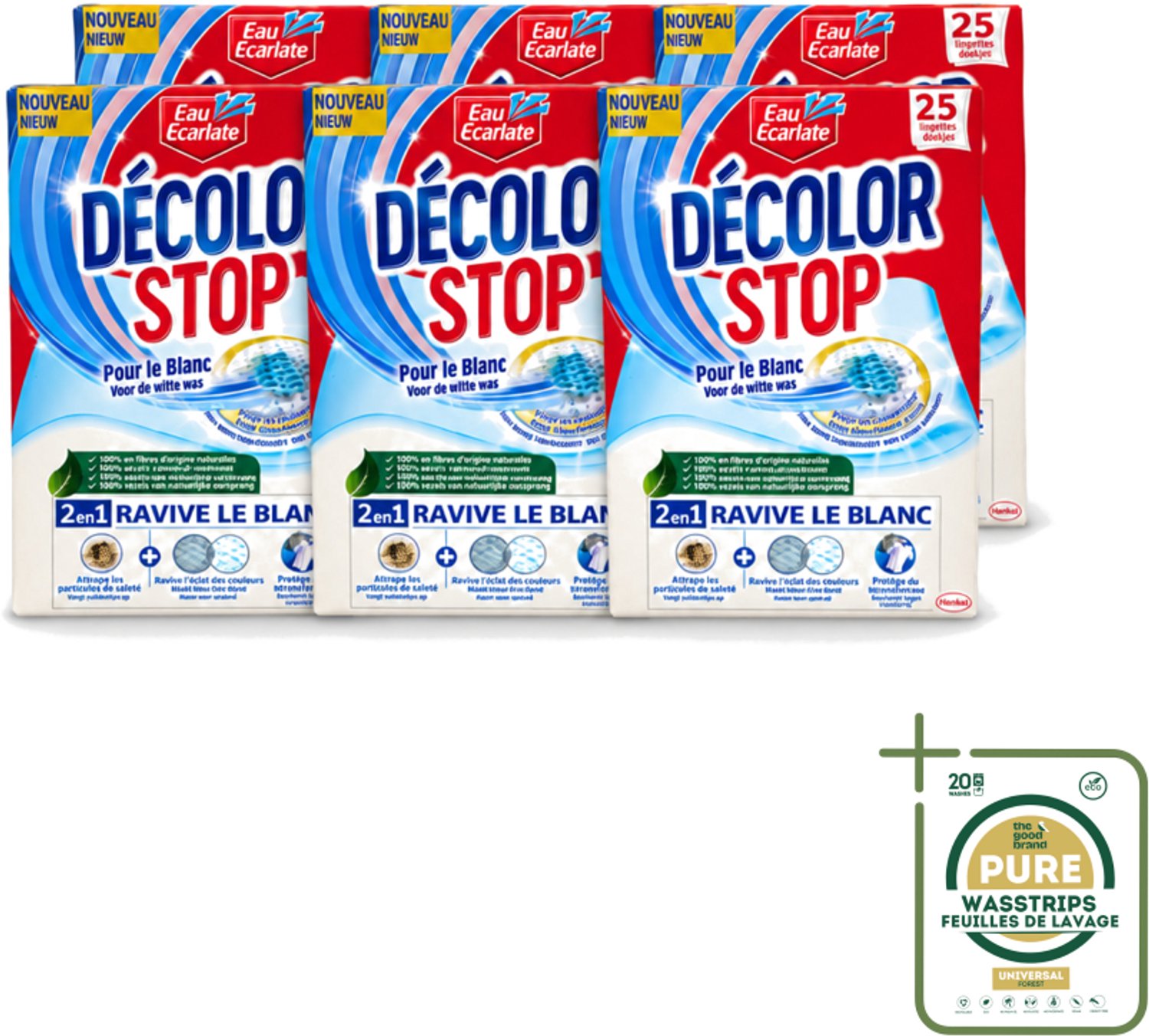 6 x Eau Eclarate - Sublim Blanc - Ultra Witmakend - 25 doekjes - Wasstrips - Wit Textiel Herstellen - Glans Herstellen - Verhelderende Doekjes - Witte Stoffen Beschermen - Doekjes Voor Wit Textiel
