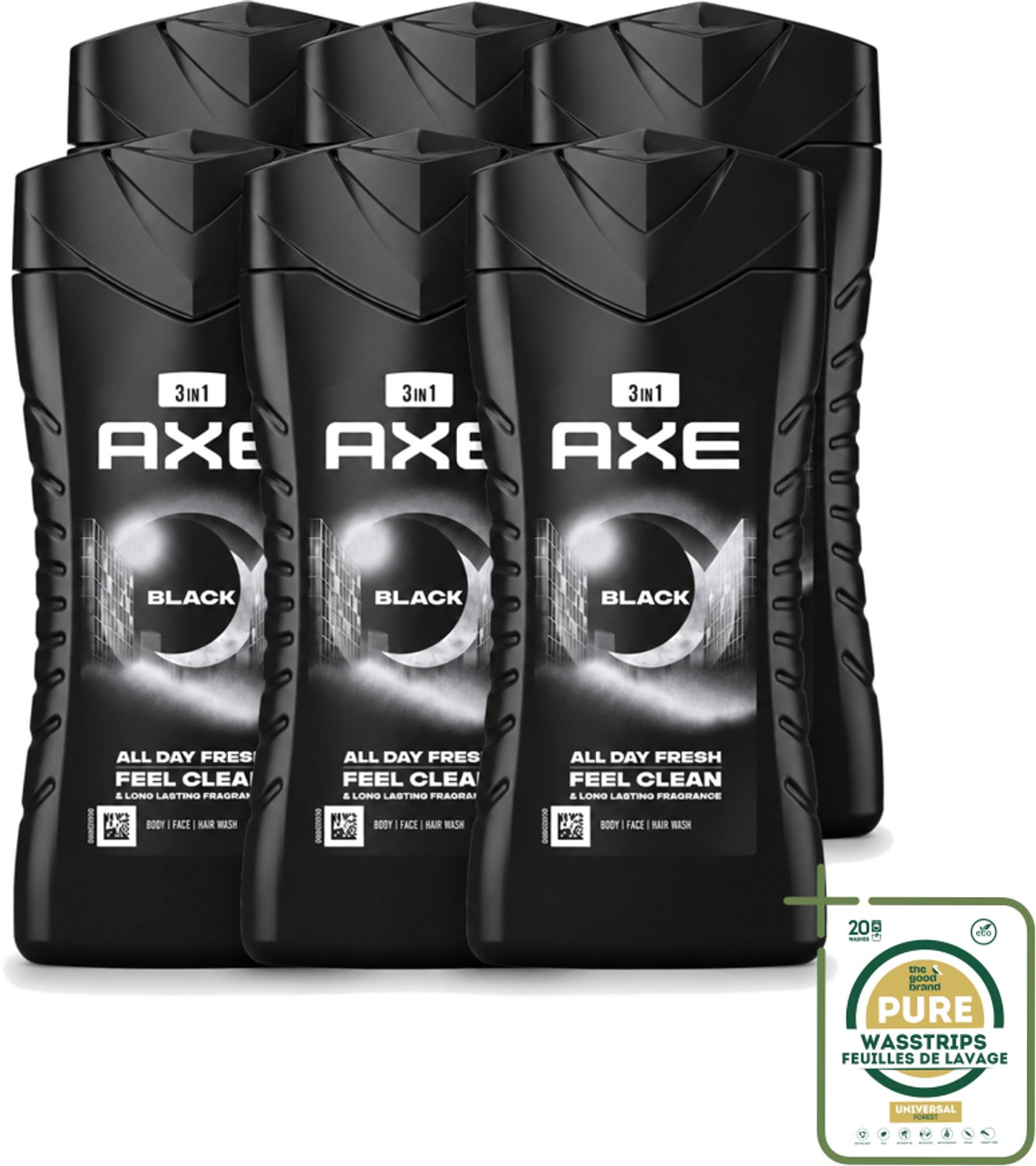 6 x Axe - 3-in-1 Douchegel - Black - Frozen Pear & Cedarwoord - 12hrs Long Lasting Scent - 250 ml - Wasstrips - Douchegel - Lichaam - Gezicht - Haar - Frisheid