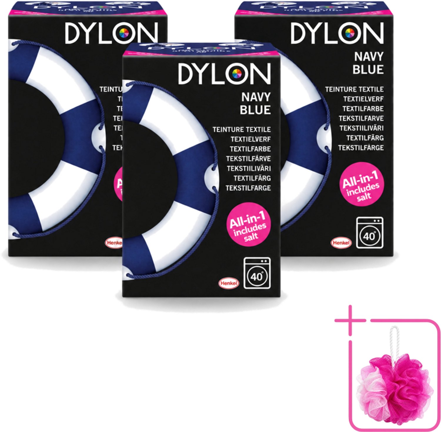 3 x Dylon - Textielverf - Navy Blue - All-in-One - Inclusief Zout - 350g - Bulkverpakking - Textielverf - Douchemop - Kleding verven