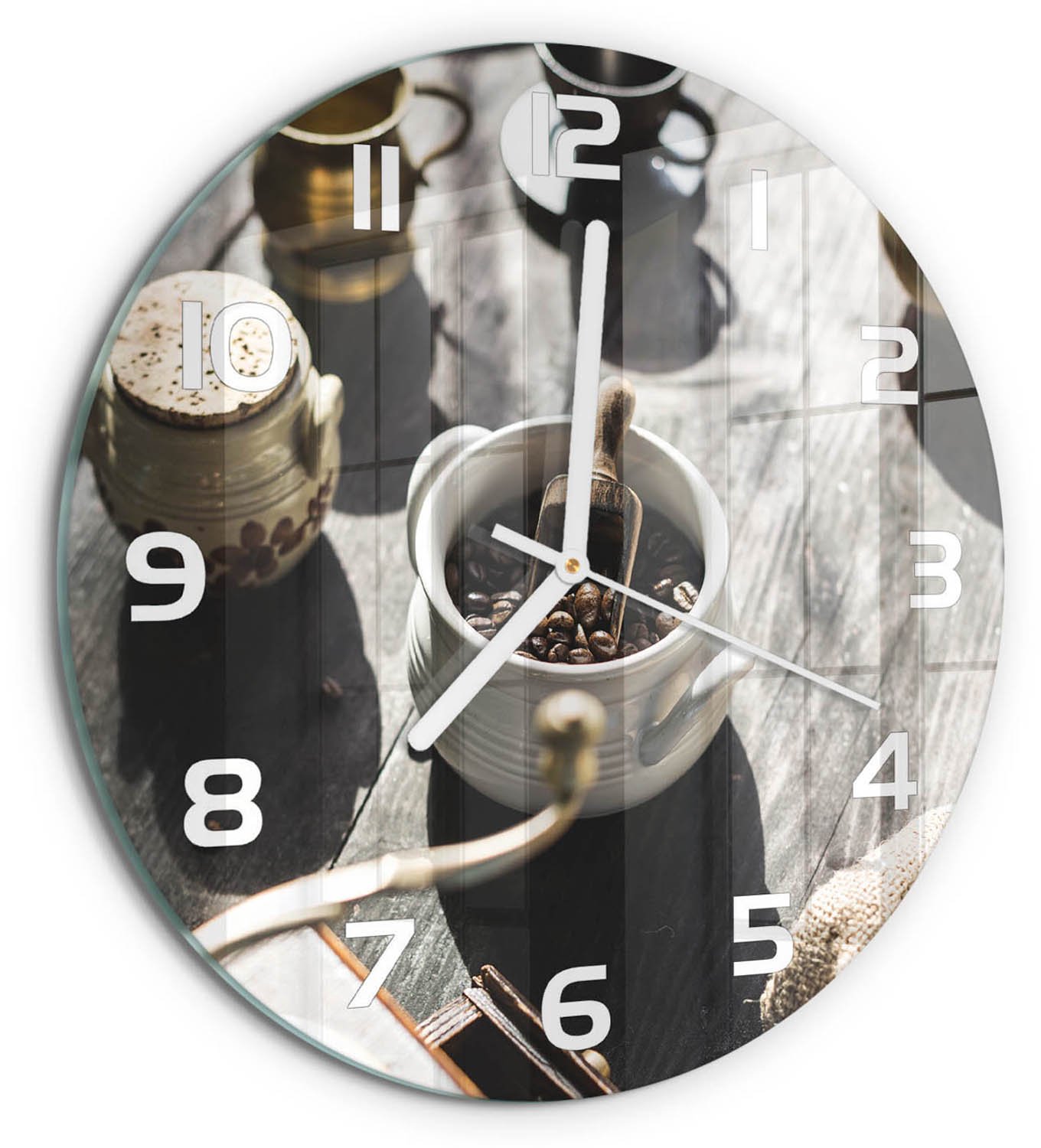 TULUP Wandklok - Koffiemolen Decoratieve Glazen Klok - fi30 cm - Bruin Glazen Wandklok Design - Witte handen - Ronde Klok - Glazen Klok Met Print - Wandklok Glas Met Motief
