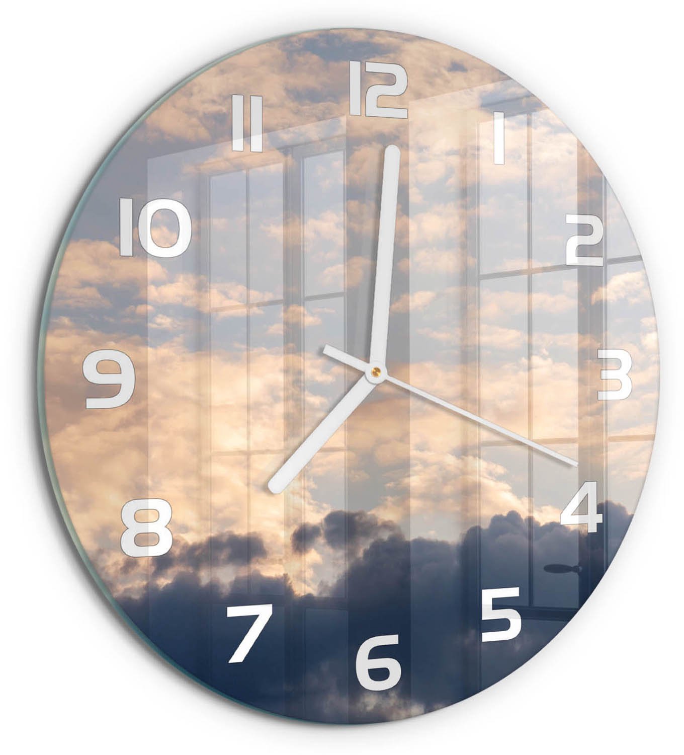 TULUP Wandklok - Wolken aan de hemel Moderne Wandklok Glas - fi30 cm - Blauw Wandklok Glas Decoratie - Witte handen - Ronde Klok - Glazen Wandklok Design - Klok Glas Met Opdruk