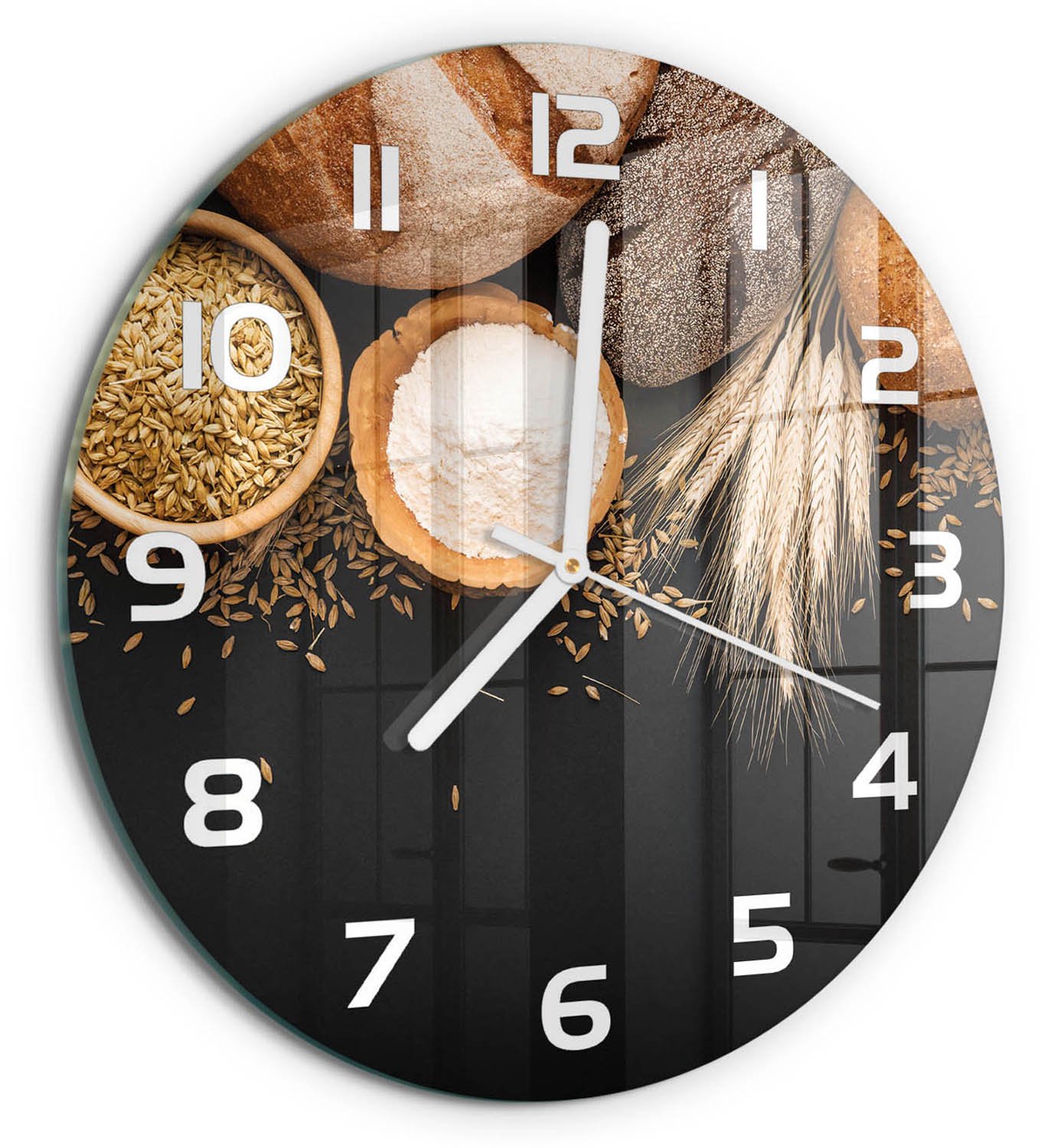 TULUP Wandklok - Brood en tarwe Moderne Wandklok Glas - fi30 cm - Bruin Wandklok Glas Decoratie - Witte handen - Ronde Klok - Glazen Wandklok Design - Klok Glas Met Opdruk