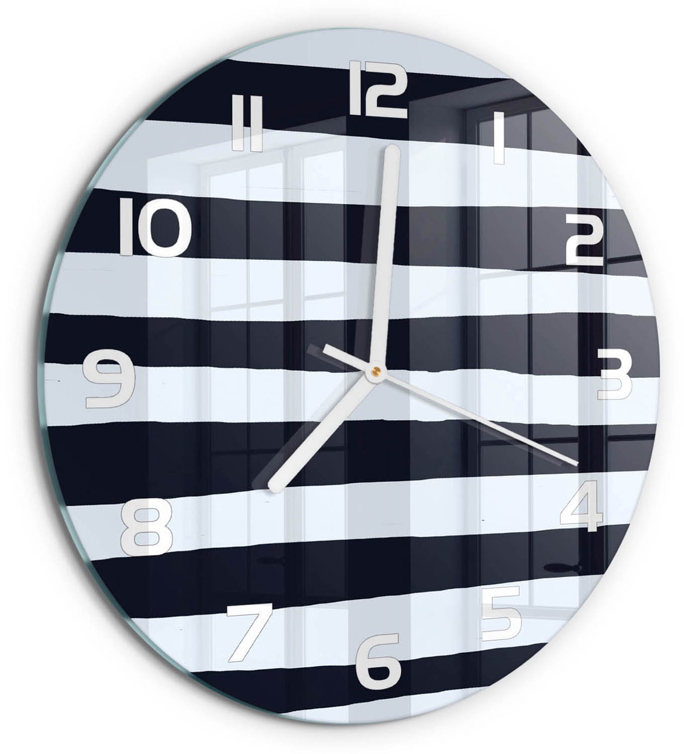 TULUP Wandklok - Gestreepte achtergrond Decoratieve Glazen Klok - fi30 cm - Zwart-wit Glazen Wandklok Design - Witte handen - Ronde Klok - Glazen Klok Met Print - Wandklok Glas Met Motief