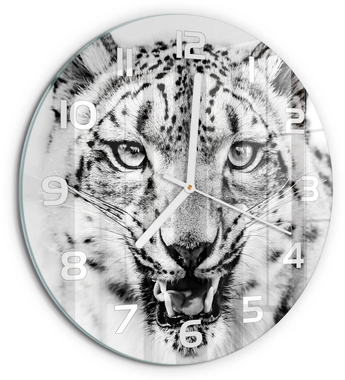 TULUP Wandklok - Sneeuwluipaard Glazen Klok Met Print - fi30 cm - Zwart-wit Wandklok Glas Met Motief - Witte handen - Ronde Klok - Wandklok Glas Decoratie - Gekleurde Glazen Klok
