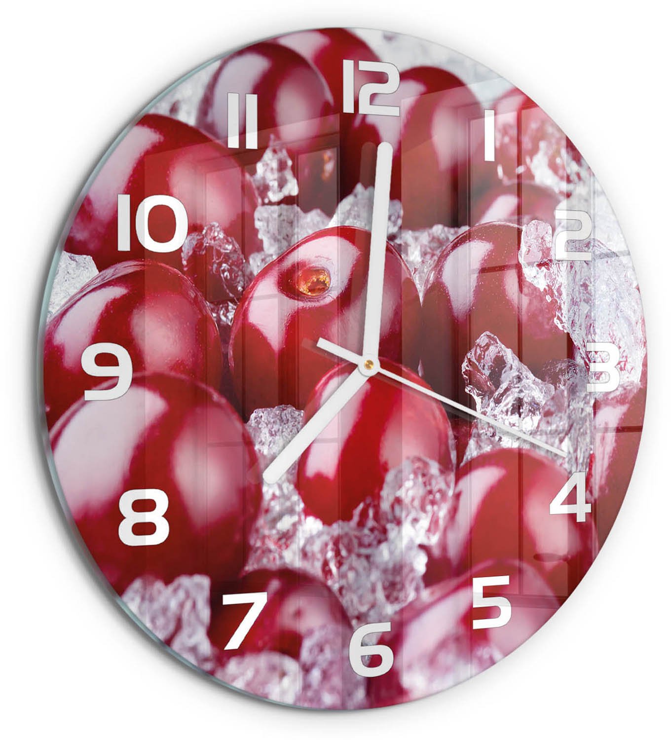TULUP Wandklok - Bevroren kers Glazen Wandklok Design - fi30 cm - Rood Klok Glas Met Opdruk - Witte handen - Ronde Klok - Wandklok Glas Met Motief - Decoratieve Glazen Klok