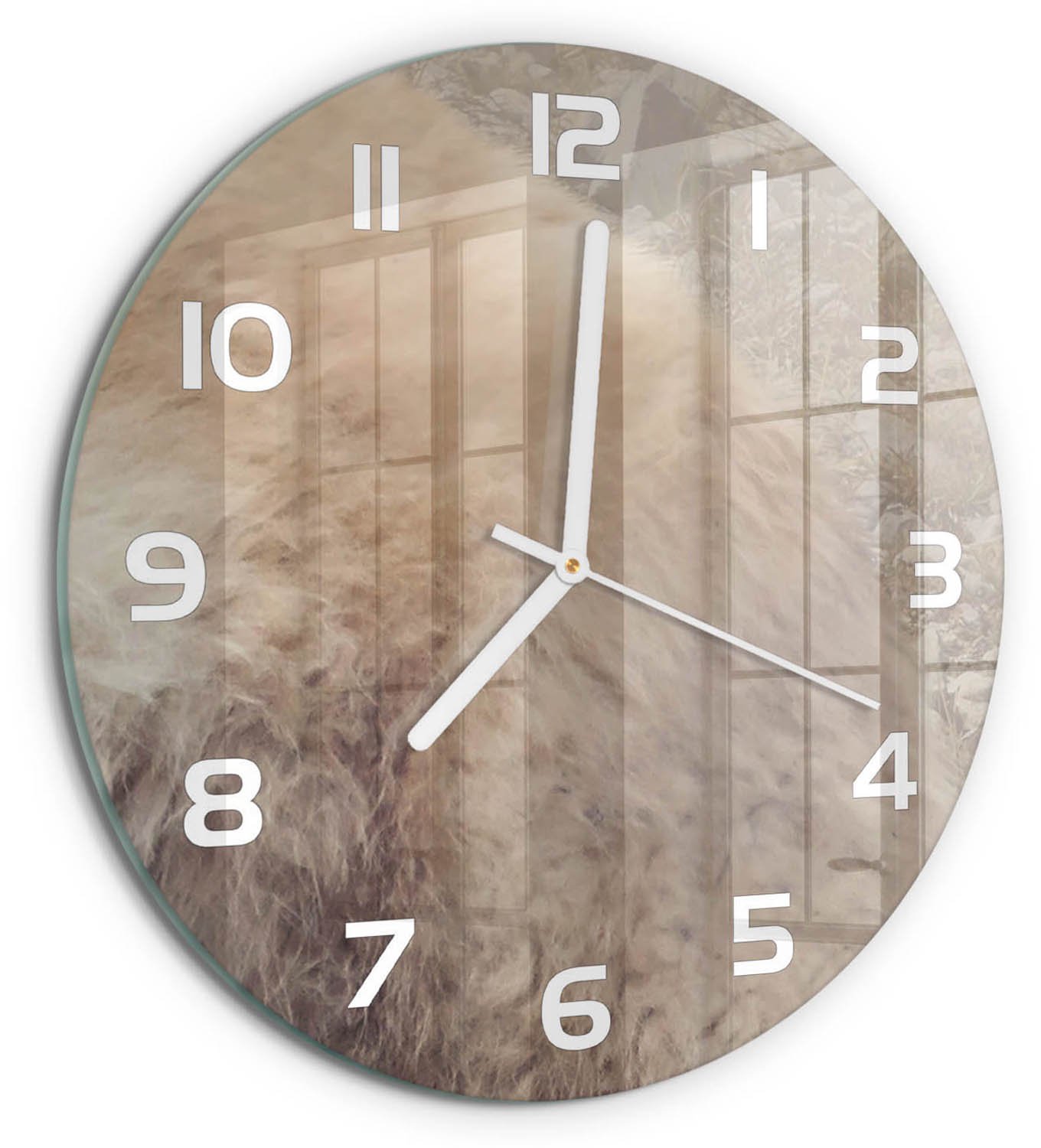TULUP Wandklok - Witte wolf op de rots Glazen Klok Met Print - fi30 cm - Beige Wandklok Glas Met Motief - Witte handen - Ronde Klok - Wandklok Glas Decoratie - Gekleurde Glazen Klok