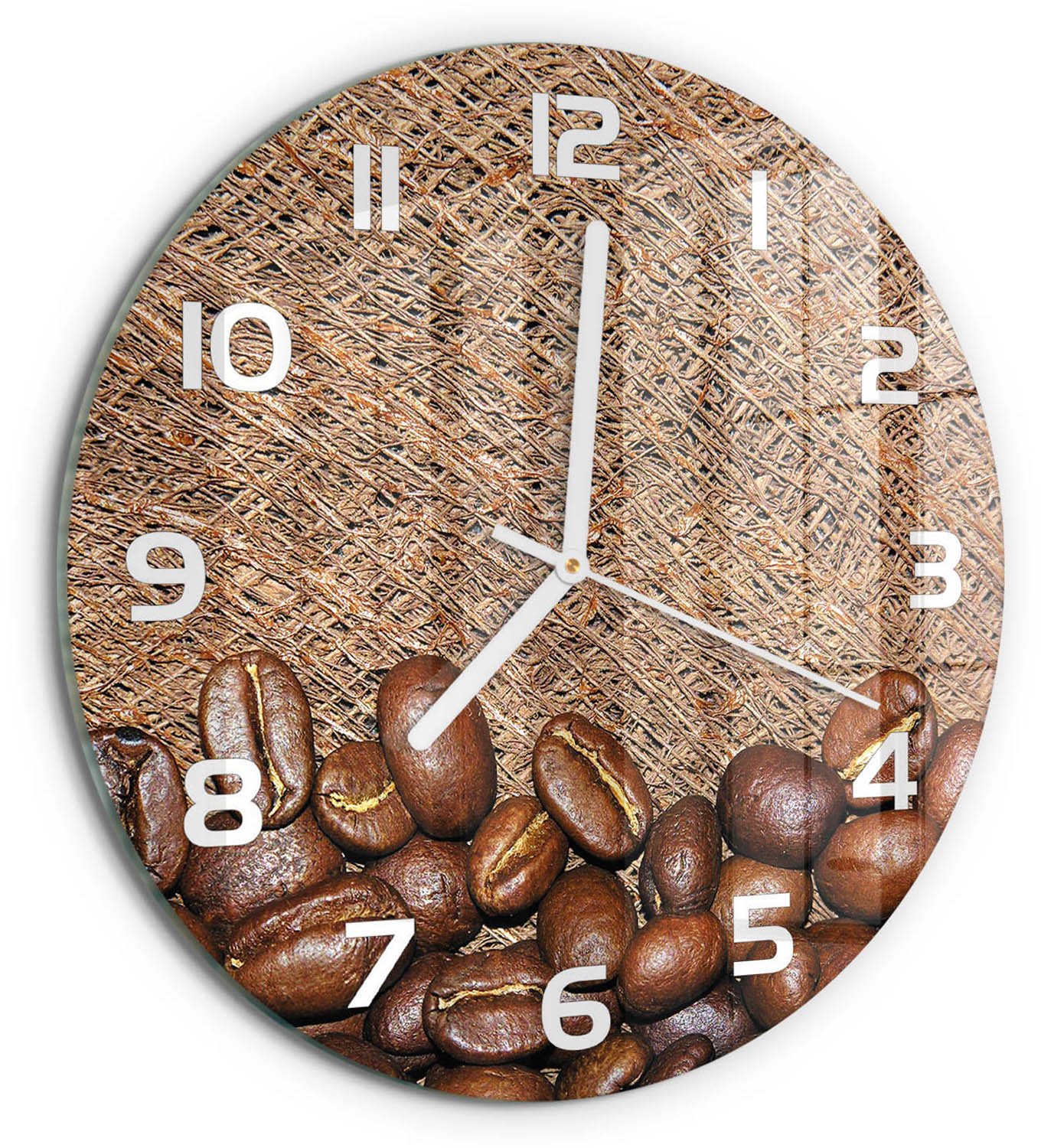 TULUP Wandklok - Koffiebonen Decoratieve Glazen Klok - fi30 cm - Bruin Glazen Wandklok Design - Witte handen - Ronde Klok - Glazen Klok Met Print - Wandklok Glas Met Motief
