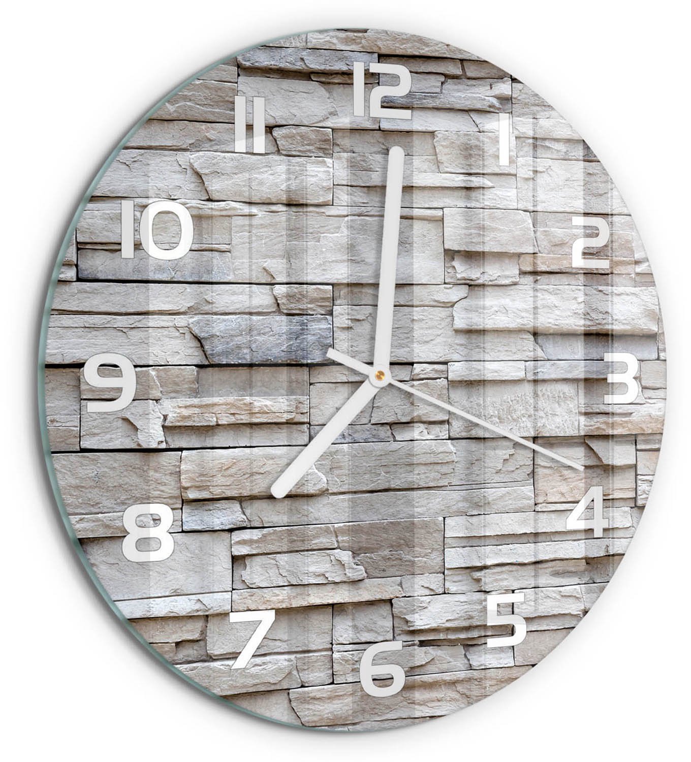 TULUP Wandklok - Stenen muur Gekleurde Glazen Klok - fi30 cm - Beige Glazen Klok Met Print - Witte handen - Ronde Klok - Moderne Wandklok Glas - Wandklok Glas Decoratie