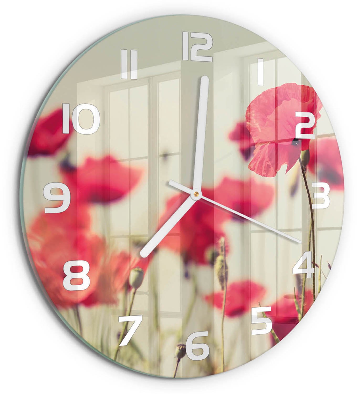 TULUP Wandklok - Veldklaproos Klok Glas Met Opdruk - fi30 cm - Rood Moderne Wandklok Glas - Witte handen - Ronde Klok - Decoratieve Glazen Klok - Glazen Wandklok Design