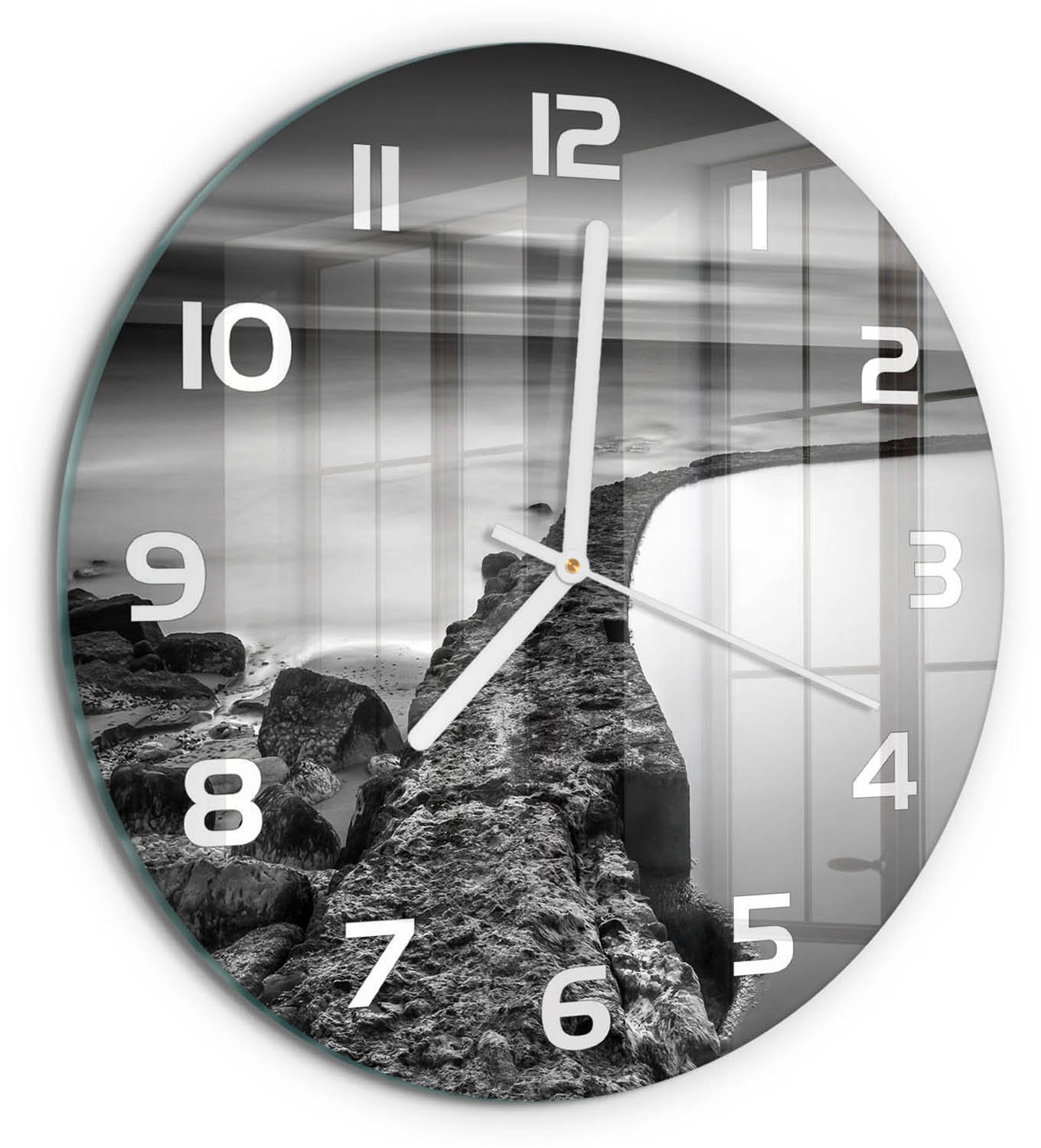 TULUP Wandklok - Rotsachtig strand Decoratieve Glazen Klok - fi30 cm - Zwart-wit Glazen Wandklok Design - Witte handen - Ronde Klok - Glazen Klok Met Print - Wandklok Glas Met Motief