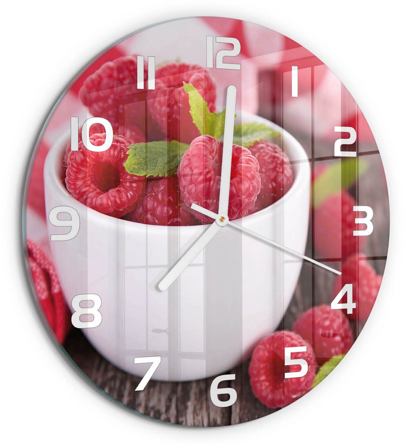TULUP Wandklok - Frambozen in een kom Moderne Wandklok Glas - fi30 cm - Rood Wandklok Glas Decoratie - Witte handen - Ronde Klok - Glazen Wandklok Design - Klok Glas Met Opdruk