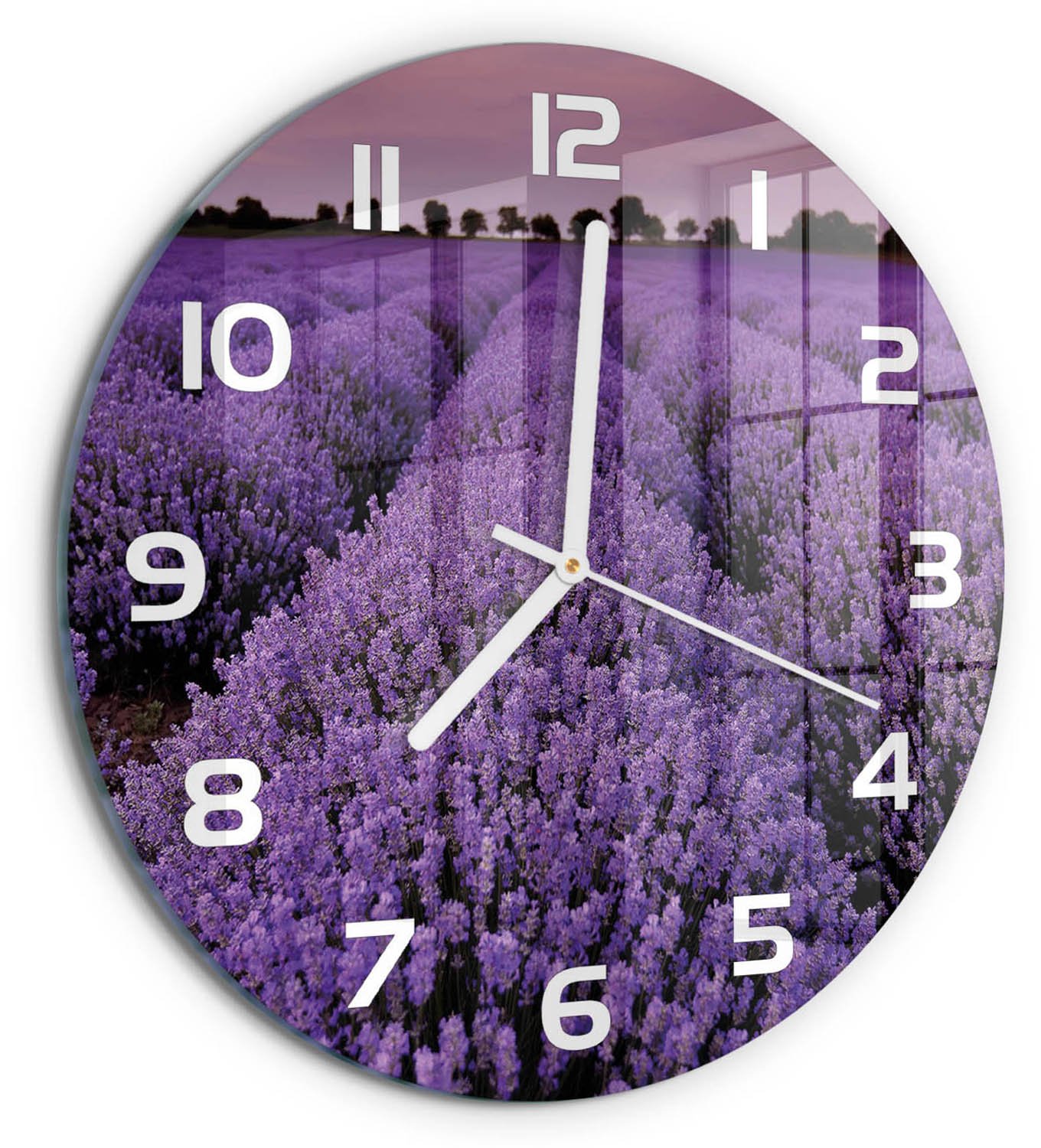 TULUP Wandklok - Lavendelveld Klok Glas Met Opdruk - fi30 cm - Paars Moderne Wandklok Glas - Witte handen - Ronde Klok - Decoratieve Glazen Klok - Glazen Wandklok Design