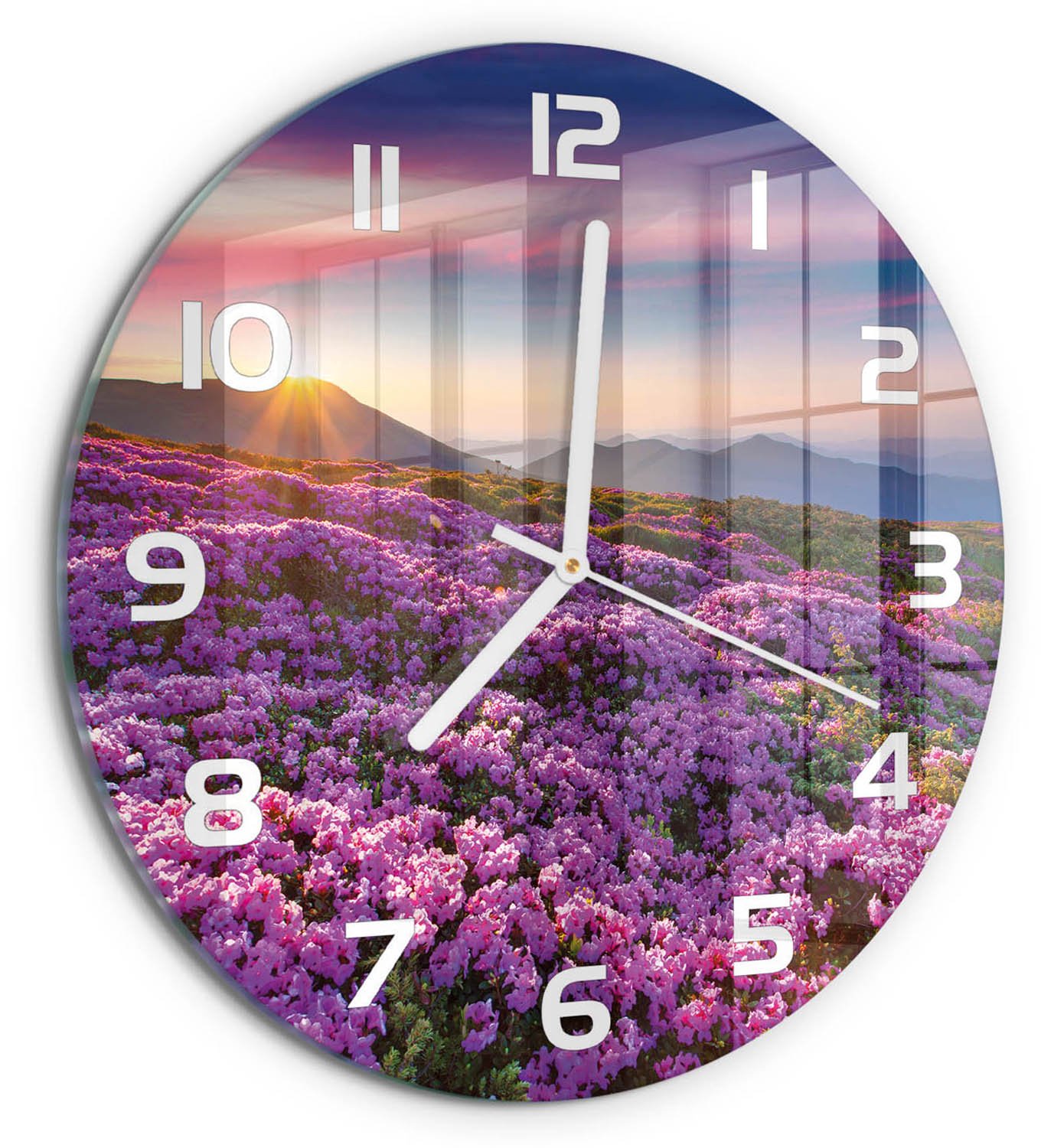 TULUP Wandklok - Bloemen in de bergen Wandklok Glas Decoratie - fi30 cm - Paars Gekleurde Glazen Klok - Witte handen - Ronde Klok - Klok Glas Met Opdruk - Moderne Wandklok Glas