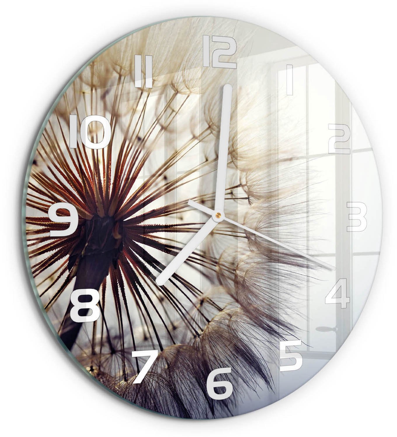 TULUP Wandklok - Paardebloem Glazen Wandklok Design - fi30 cm - Wit Klok Glas Met Opdruk - Witte handen - Ronde Klok - Wandklok Glas Met Motief - Decoratieve Glazen Klok