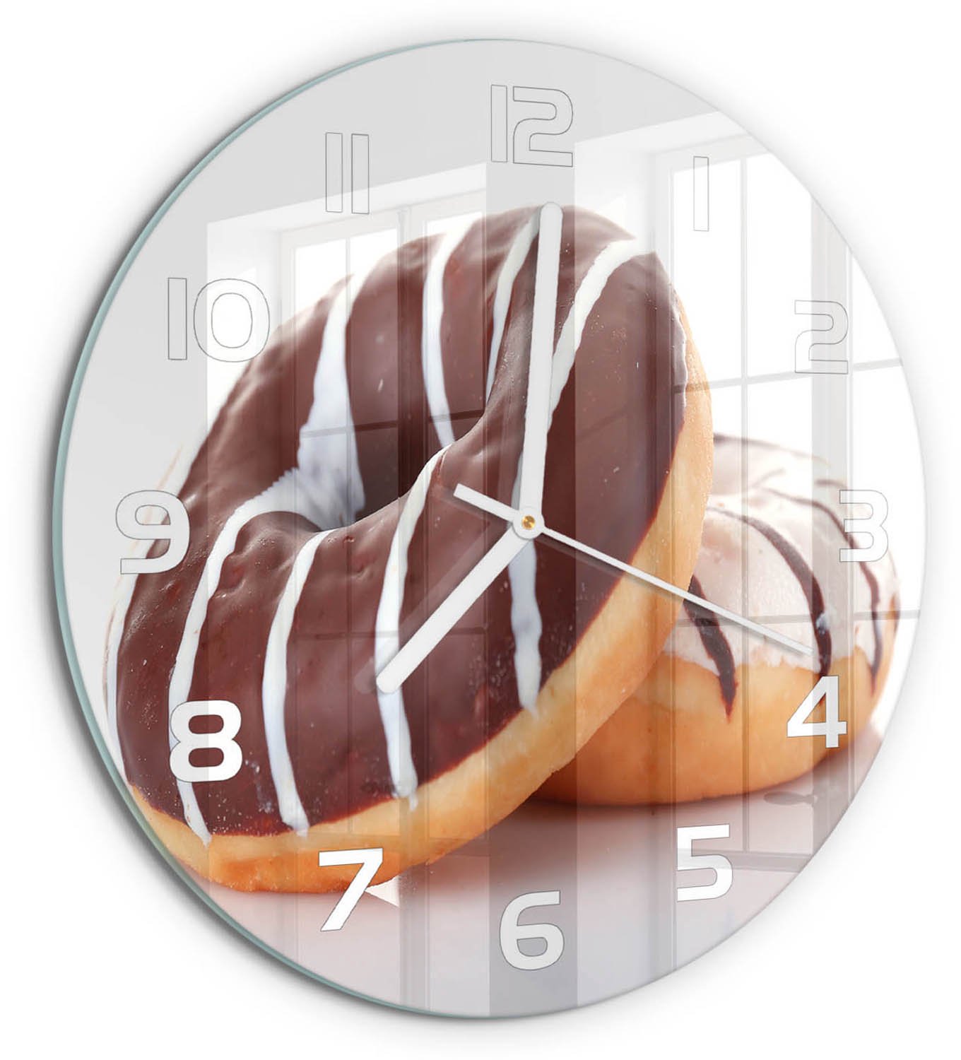 TULUP Wandklok - Chocoladedonuts Moderne Wandklok Glas - fi30 cm - Bruin Wandklok Glas Decoratie - Witte handen - Ronde Klok - Glazen Wandklok Design - Klok Glas Met Opdruk