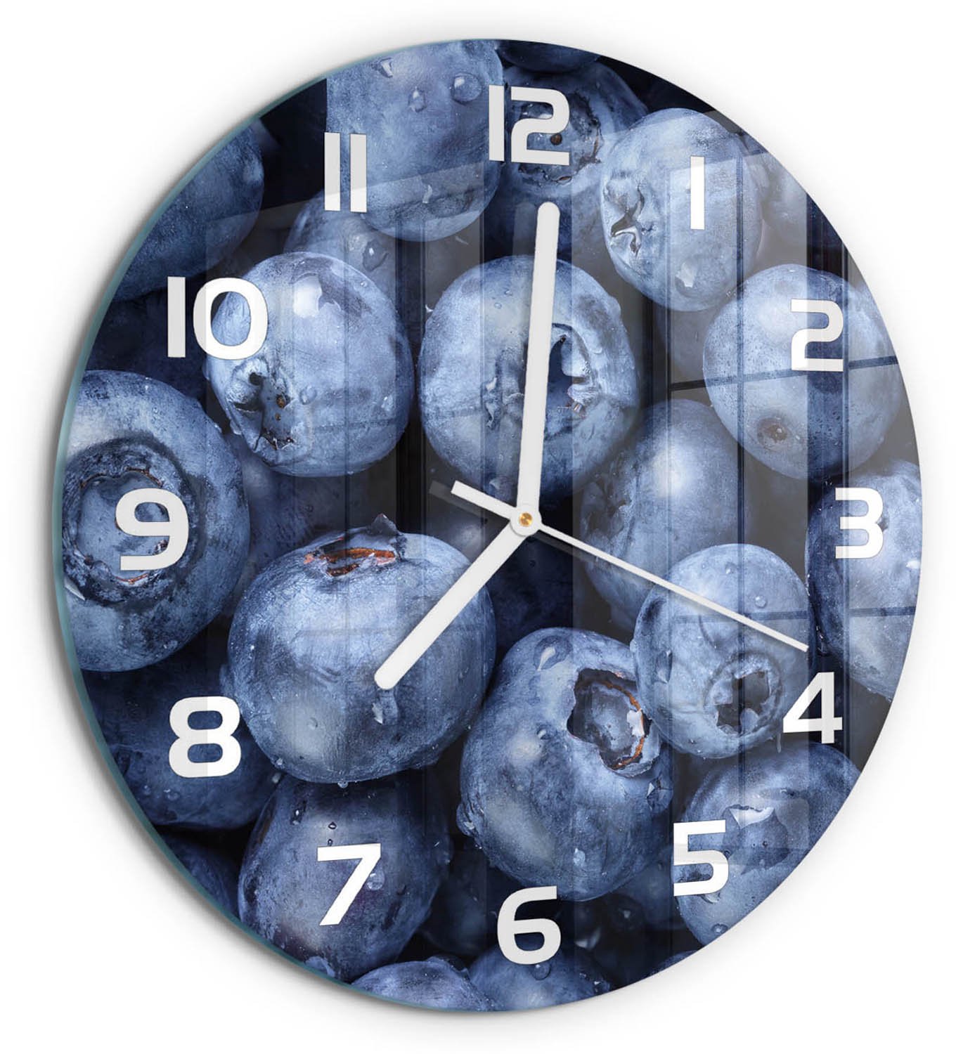 TULUP Wandklok - Bosbessen Glazen Wandklok Design - fi30 cm - Blauw Klok Glas Met Opdruk - Witte handen - Ronde Klok - Wandklok Glas Met Motief - Decoratieve Glazen Klok