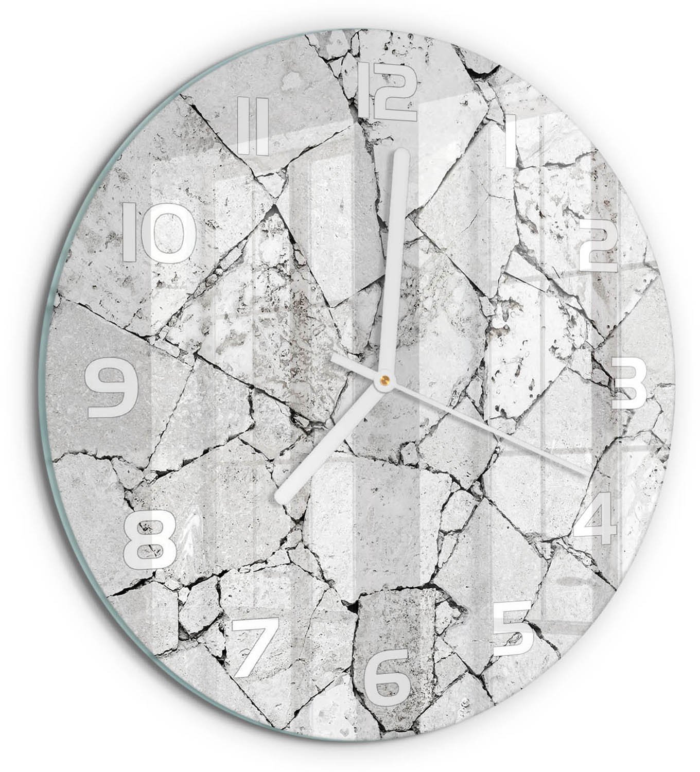 TULUP Wandklok - Stenen muur Wandklok Glas Decoratie - fi30 cm - Wit Gekleurde Glazen Klok - Witte handen - Ronde Klok - Klok Glas Met Opdruk - Moderne Wandklok Glas