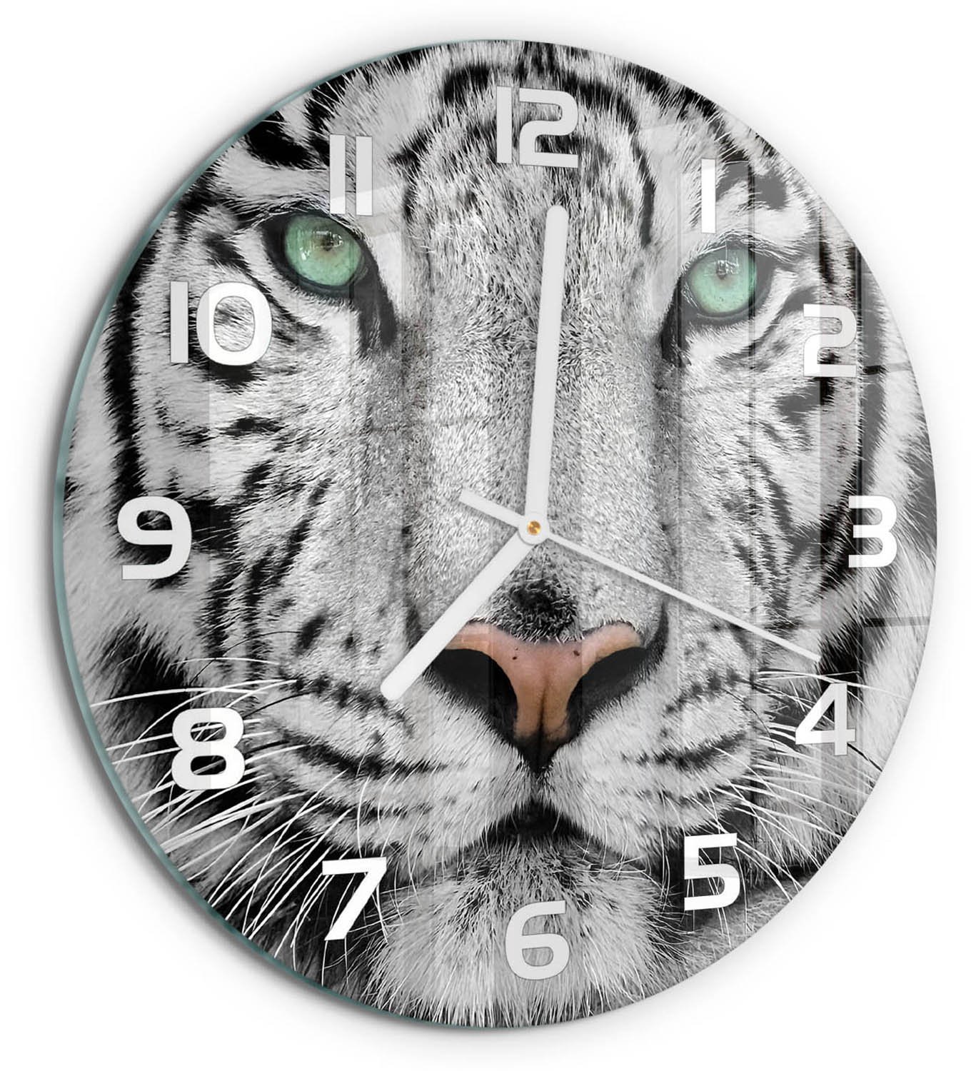 TULUP Wandklok - Witte Tijger Decoratieve Glazen Klok - fi30 cm - Wit Glazen Wandklok Design - Witte handen - Ronde Klok - Glazen Klok Met Print - Wandklok Glas Met Motief