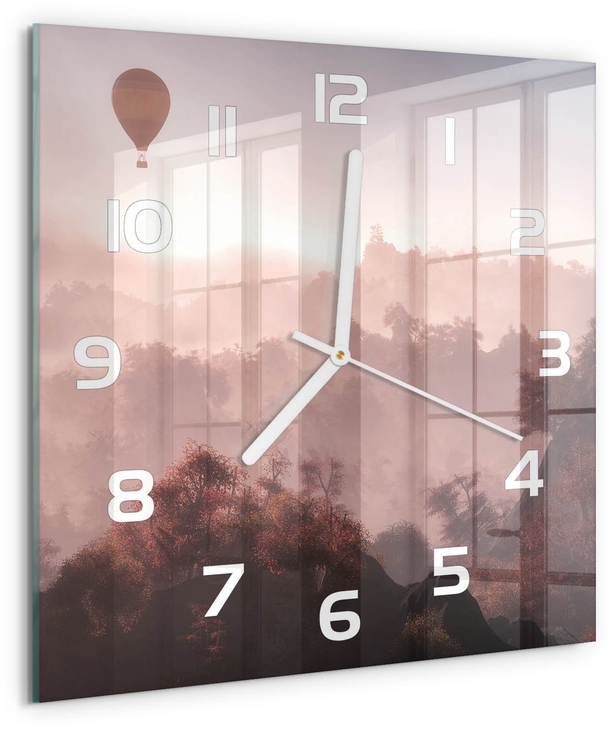 Tulup Wandklok - Ballonvaart boven het bos Wandklok Glas Decoratie - 30x30 cm - Bruin Gekleurde Glazen Klok - Witte handen - Vierkante Klok - Klok Glas Met Opdruk - Moderne Wandklok Glas