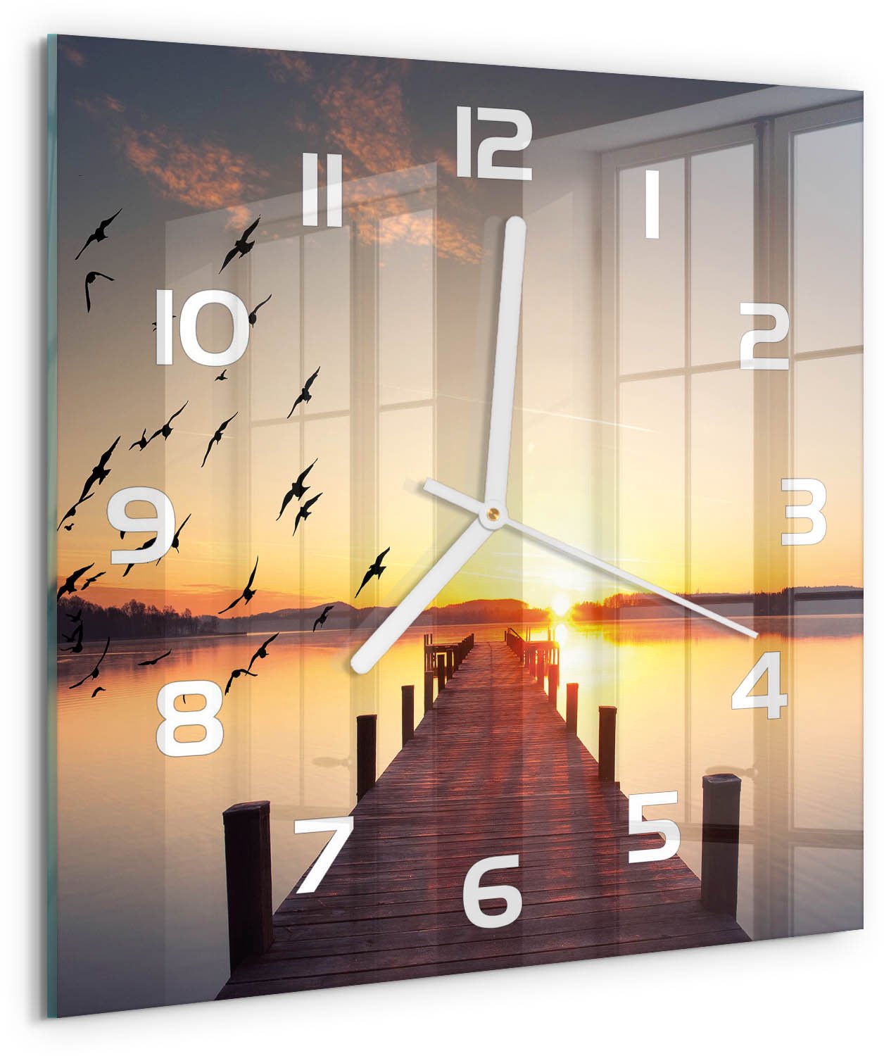 Tulup Wandklok - Zonsondergang Moderne Wandklok Glas - 30x30 cm - Geel Wandklok Glas Decoratie - Witte handen - Vierkante Klok - Glazen Wandklok Design - Klok Glas Met Opdruk