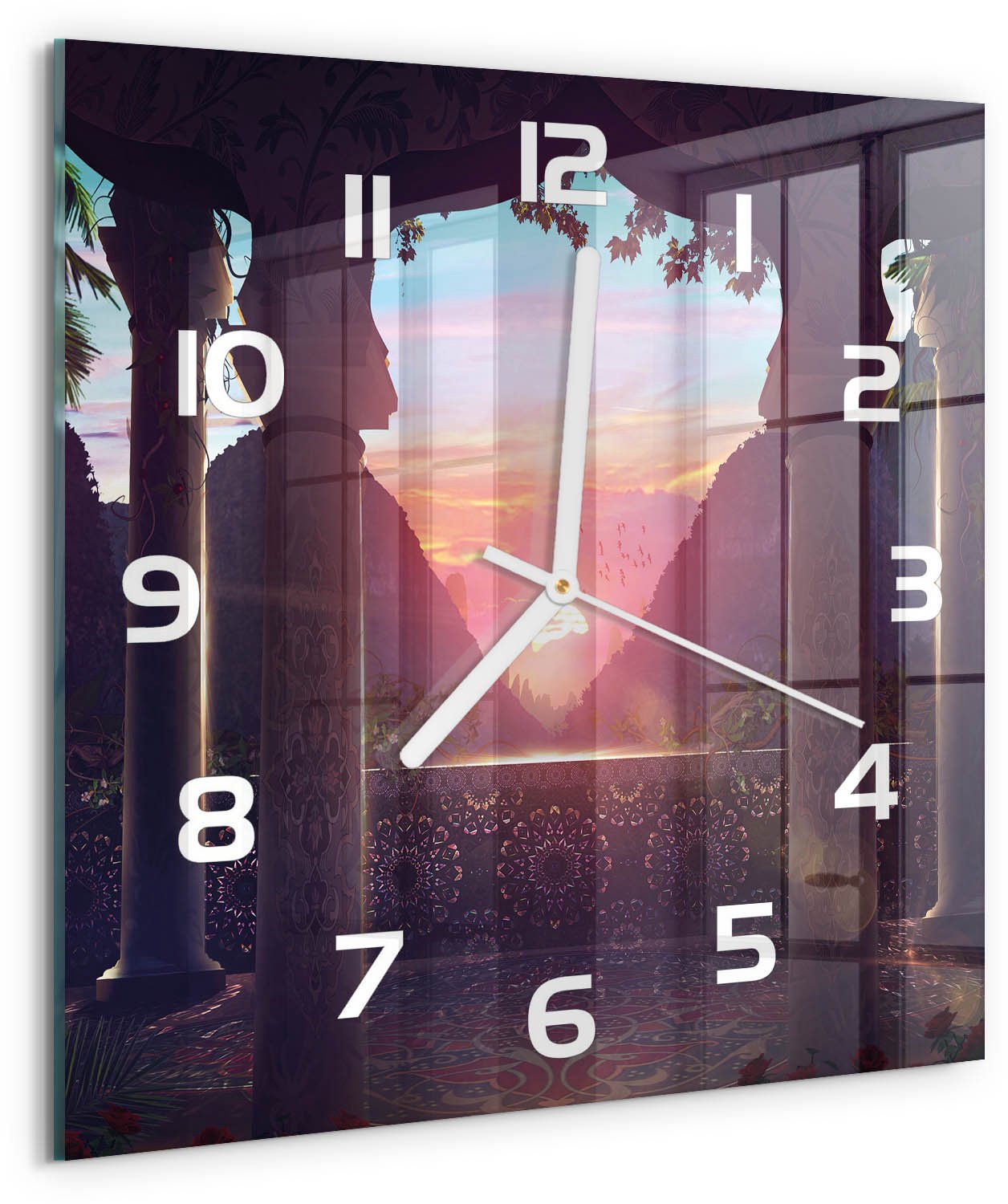Tulup Wandklok - Oosterse architectuur Glazen Wandklok Design - 30x30 cm - Veelkleurig Klok Glas Met Opdruk - Witte handen - Vierkante Klok - Wandklok Glas Met Motief - Decoratieve Glazen Klok