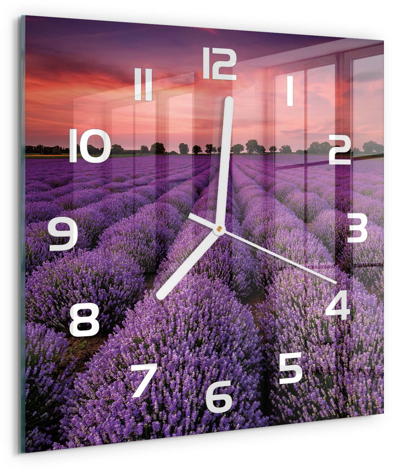 Tulup Wandklok - Lavendelveld Gekleurde Glazen Klok - 30x30 cm - Paars Glazen Klok Met Print - Witte handen - Vierkante Klok - Moderne Wandklok Glas - Wandklok Glas Decoratie