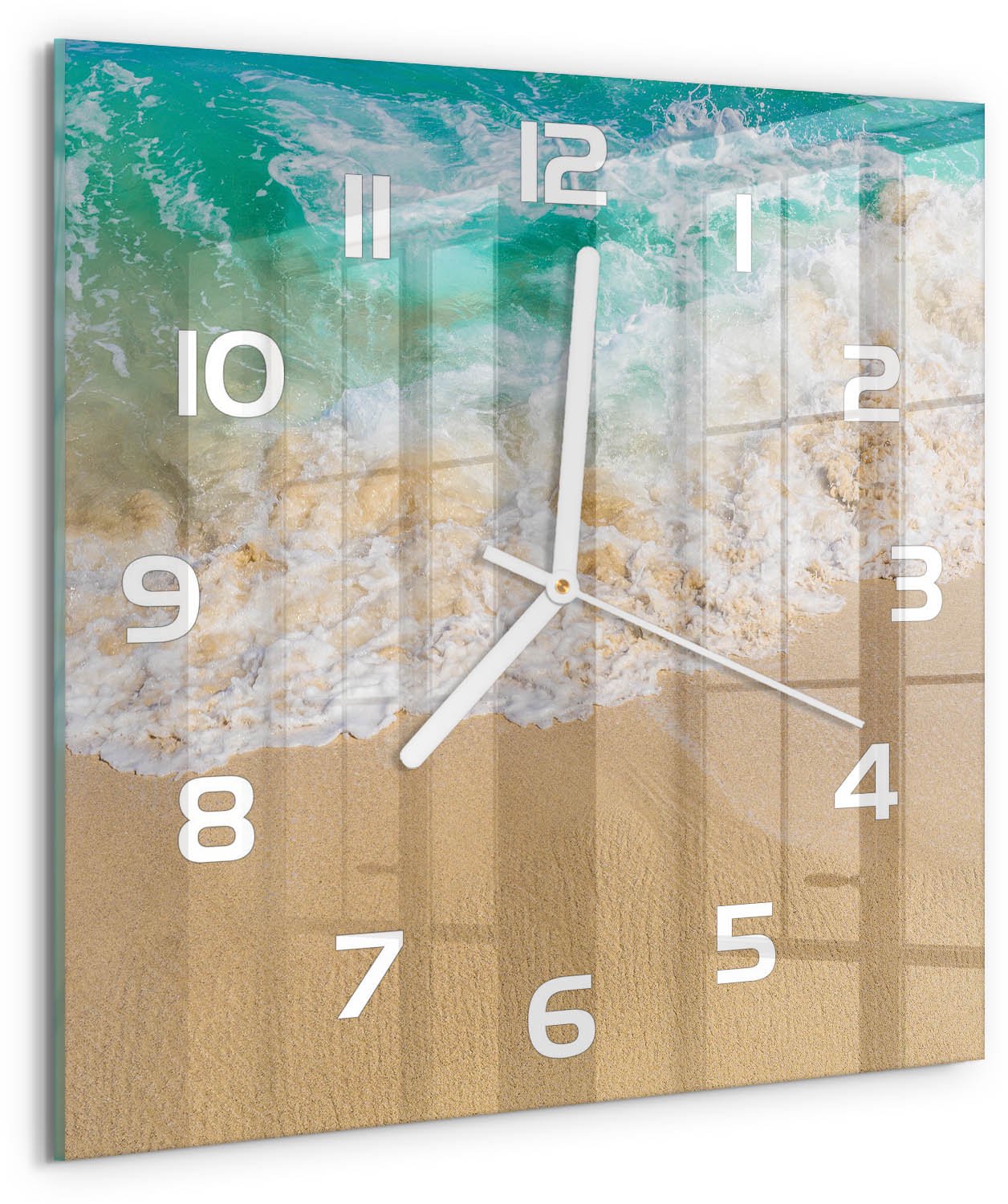 Tulup Wandklok - Strand en zee Glazen Klok Met Print - 30x30 cm - Blauw Wandklok Glas Met Motief - Witte handen - Vierkante Klok - Wandklok Glas Decoratie - Gekleurde Glazen Klok