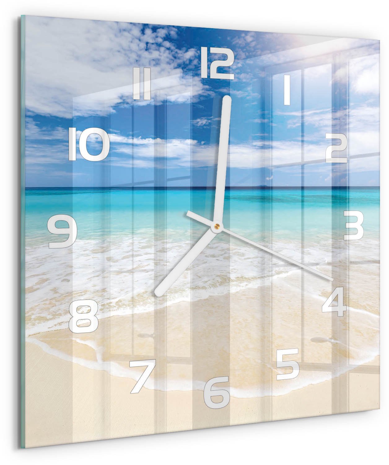 Tulup Wandklok - Tropisch strand Glazen Klok Met Print - 30x30 cm - Blauw Wandklok Glas Met Motief - Witte handen - Vierkante Klok - Wandklok Glas Decoratie - Gekleurde Glazen Klok