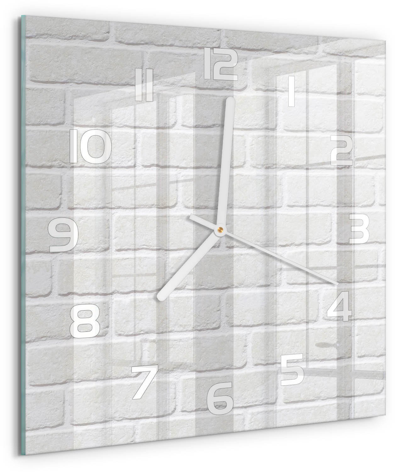 Tulup Wandklok - Bakstenen muur Glazen Wandklok Design - 30x30 cm - Wit Klok Glas Met Opdruk - Witte handen - Vierkante Klok - Wandklok Glas Met Motief - Decoratieve Glazen Klok