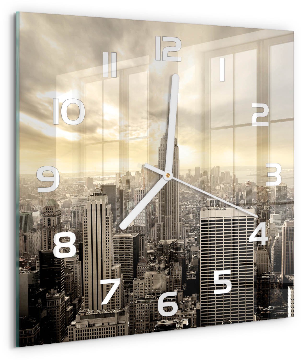 TULUP Wandklok - Manhattan, New York Klok Glas Met Opdruk - 30x30 cm - Beige Moderne Wandklok Glas - Witte handen - Vierkante Klok - Decoratieve Glazen Klok - Glazen Wandklok Design